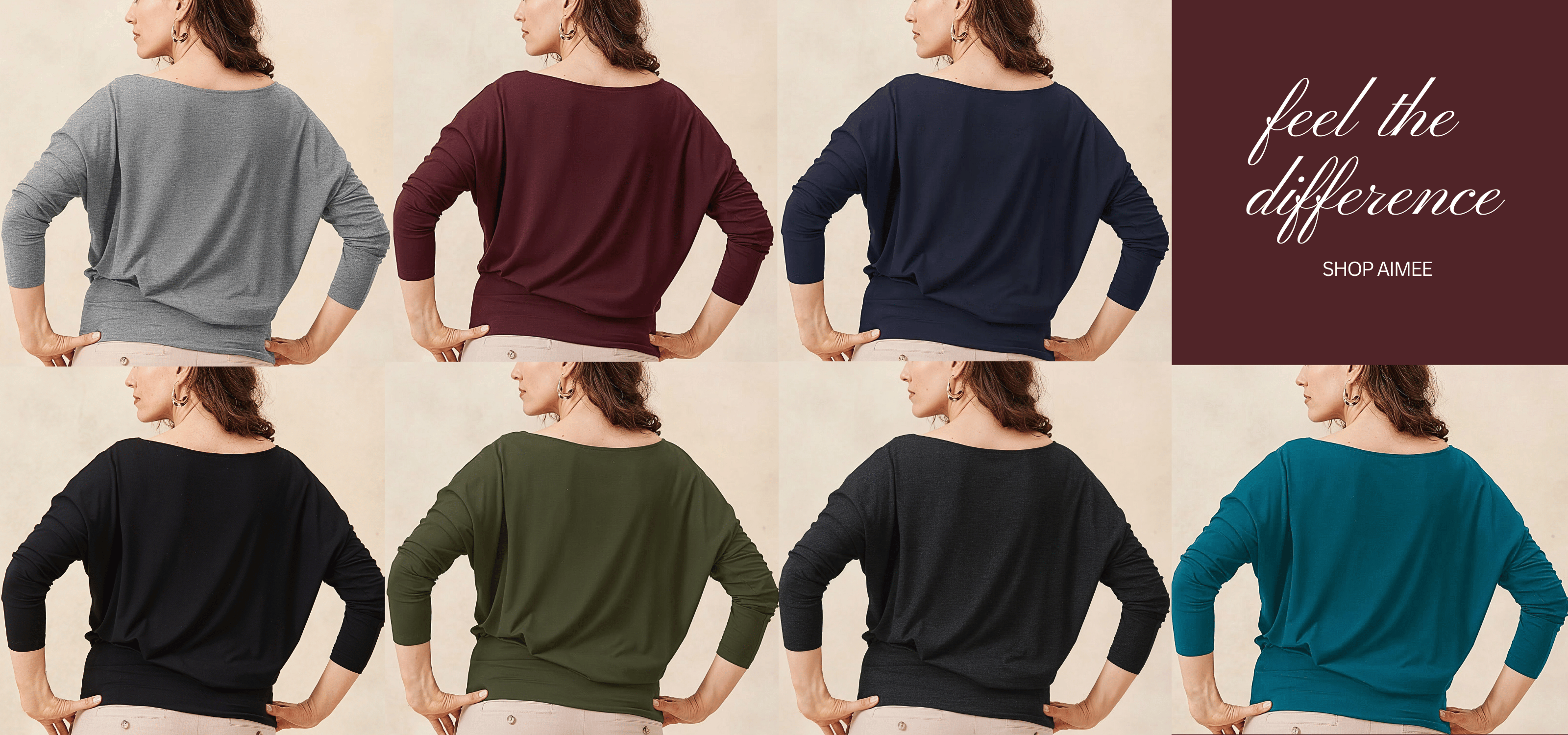 Collage of a woman wearing different colored melyr batwing tops with 'feel the difference' text on background.