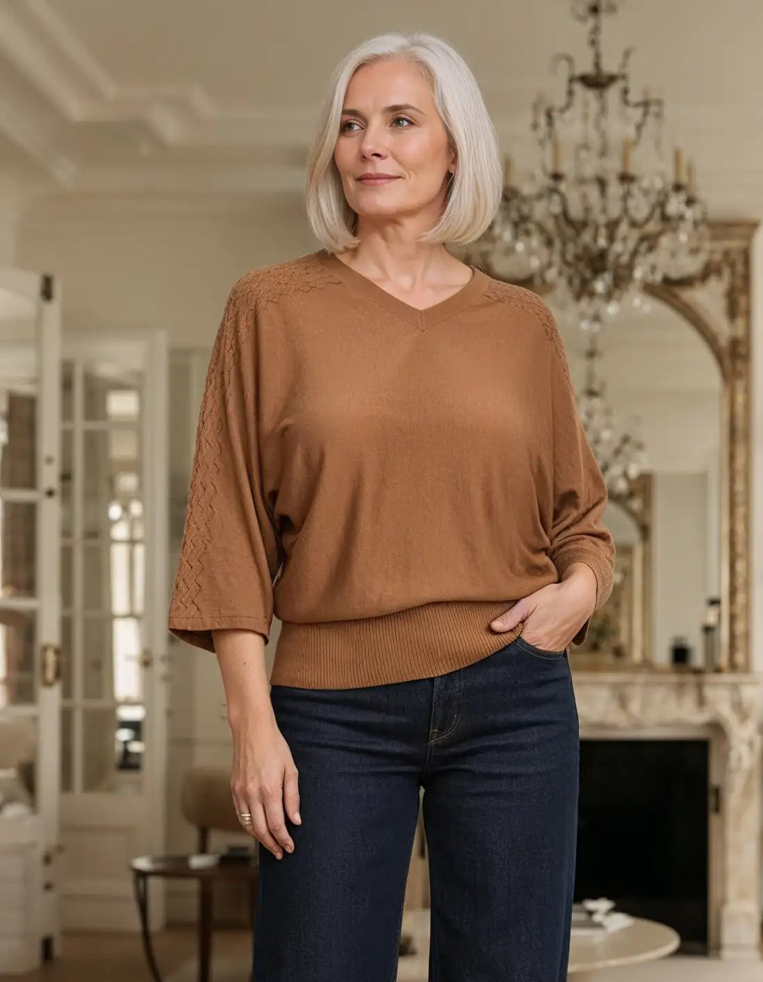 Harper Fine Knit Tencel V-neck Top - Bronze