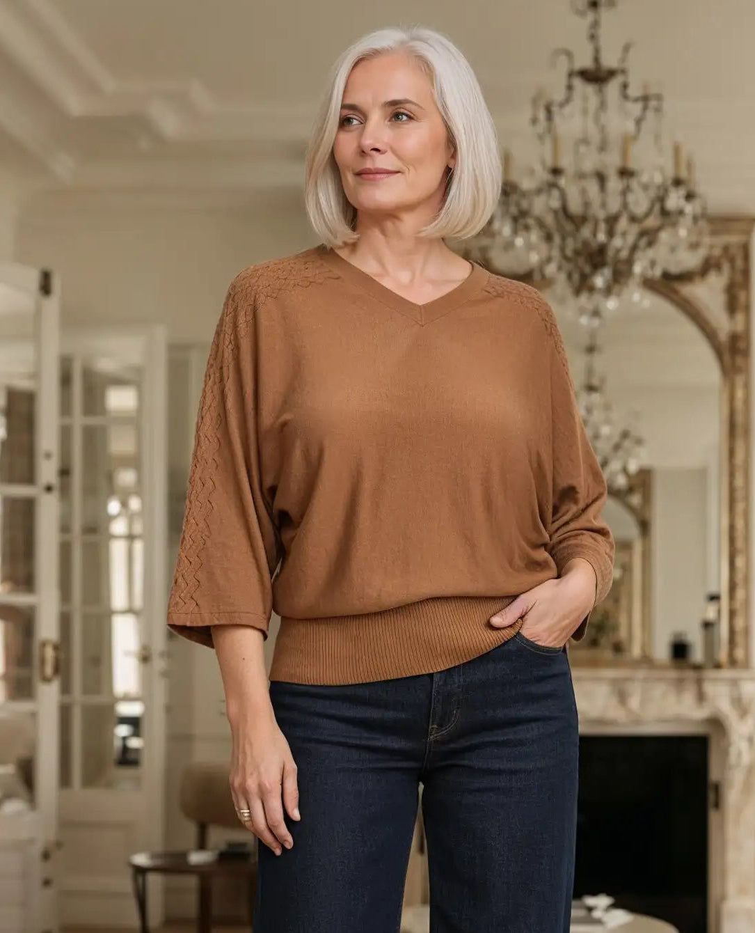 Harper Fine Knit Tencel V-neck Top - Bronze