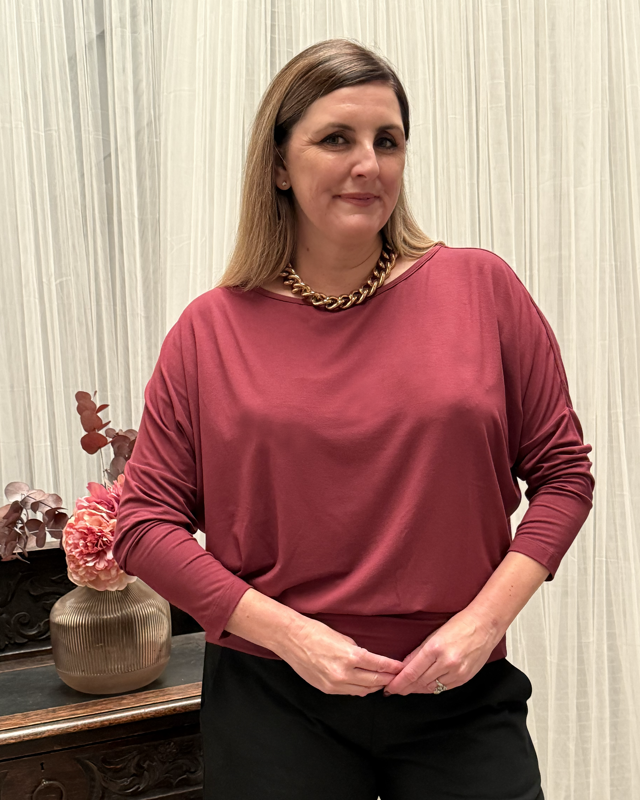 Aimee Relaxed Batwing Top - Burgundy