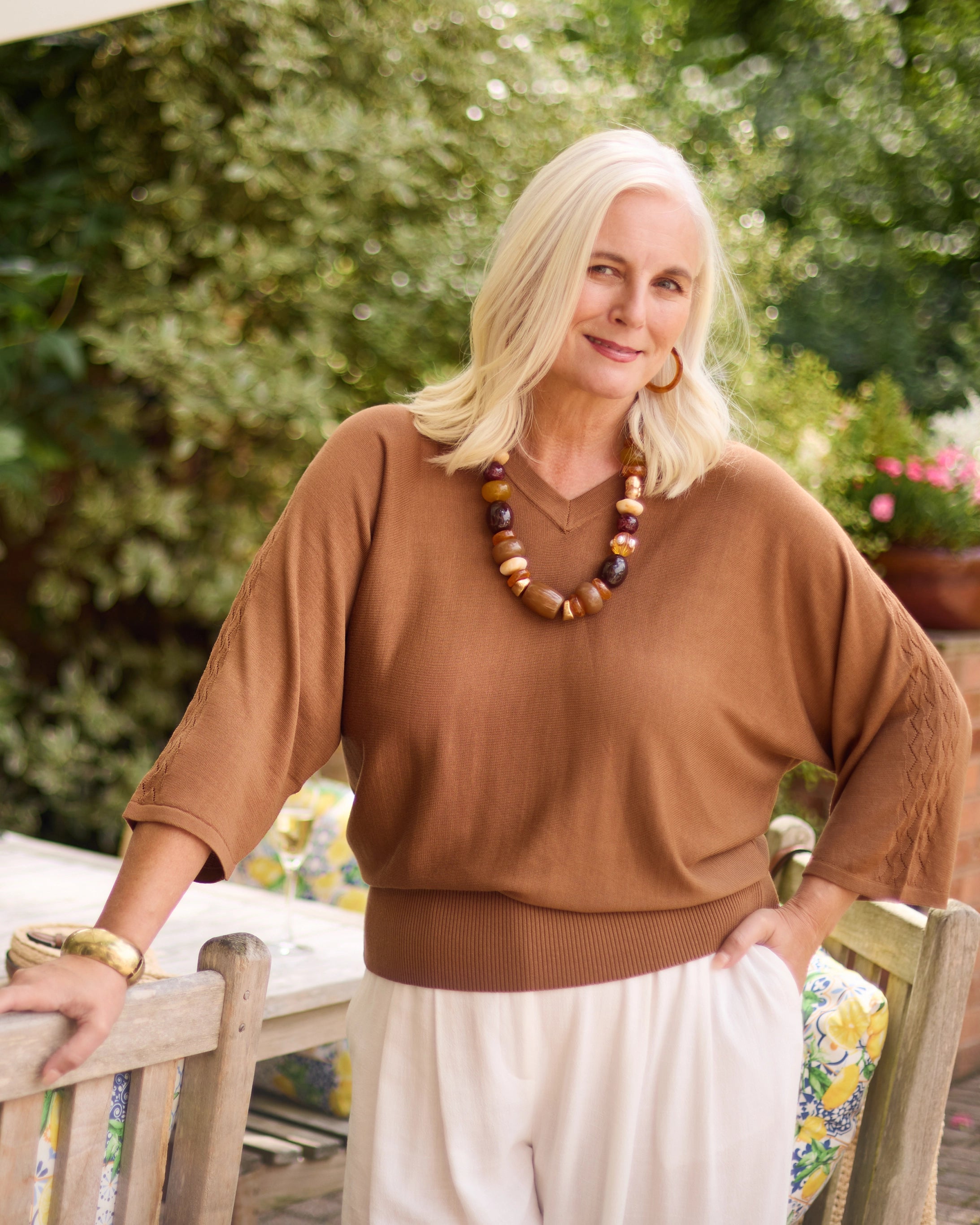 Harper Fine Knit Tencel V-neck Top - Bronze