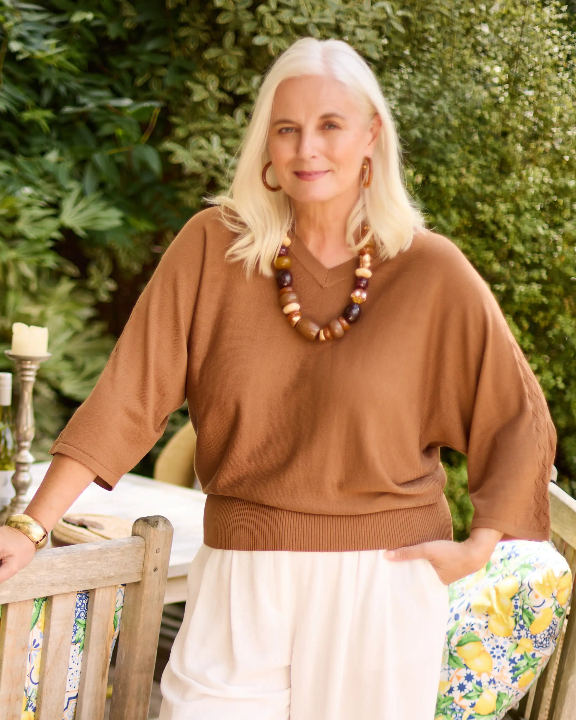 Harper Fine Knit Tencel V-neck Top - Bronze