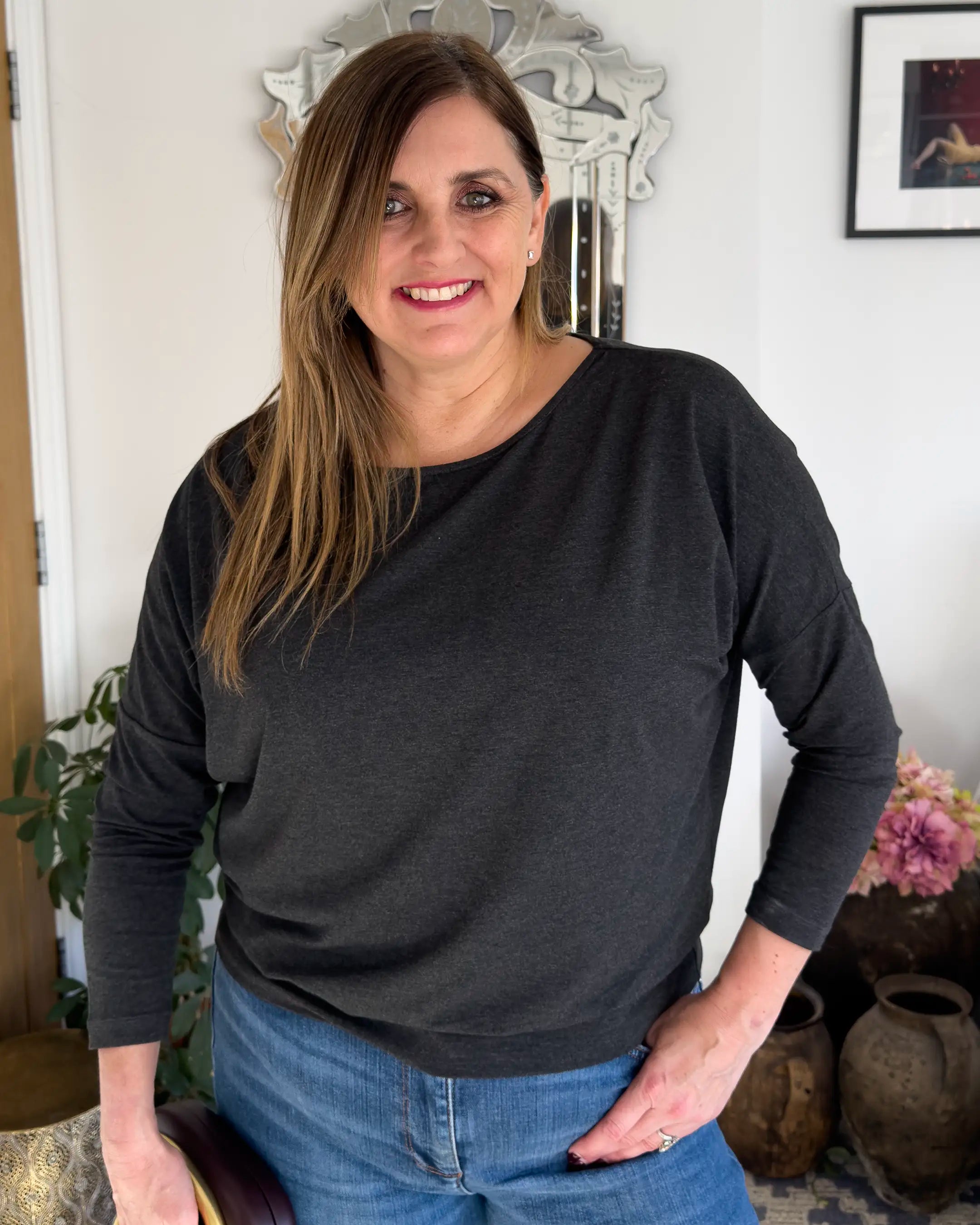 Aimee Marl Relaxed Batwing Top - Charcoal Marl