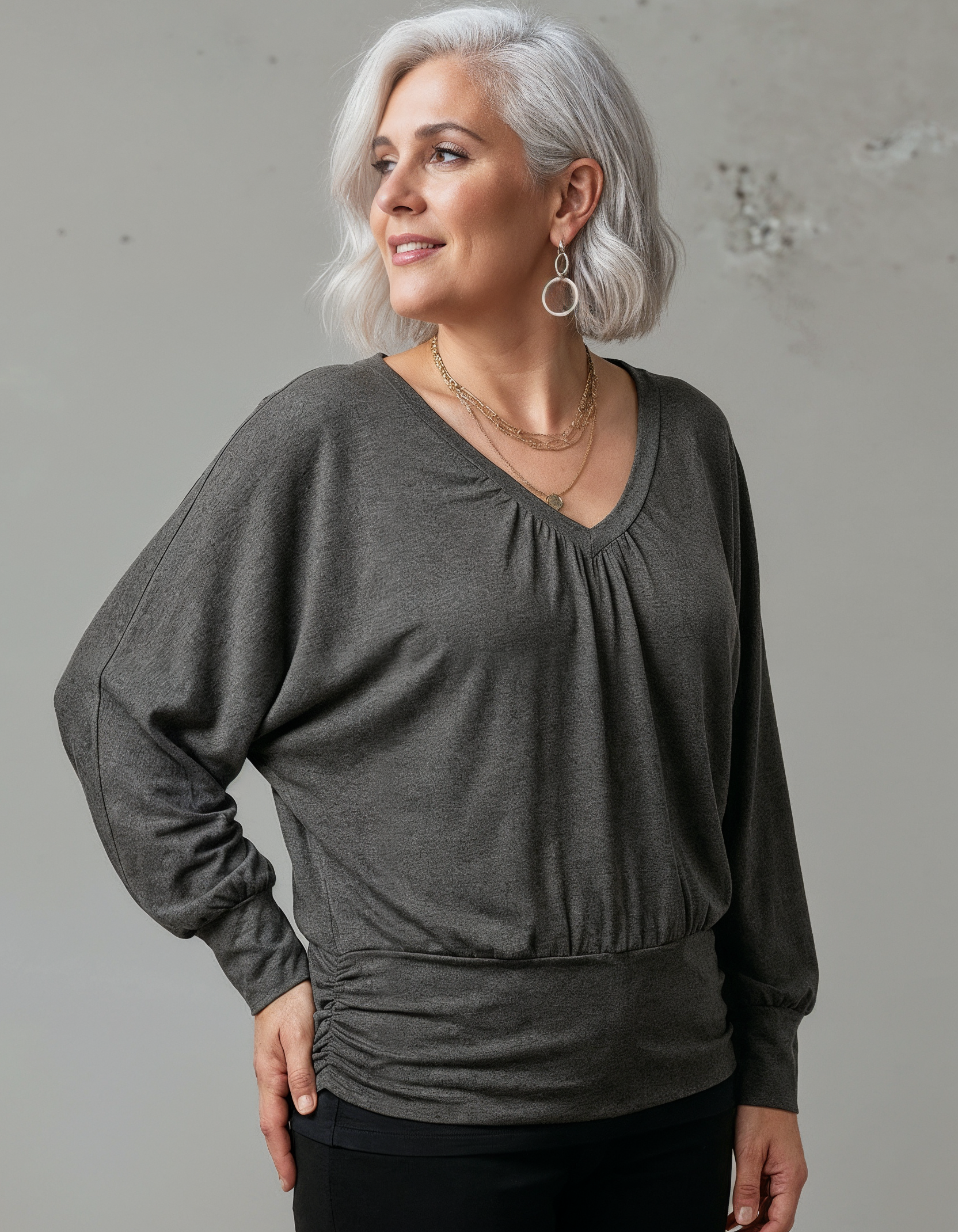 Vivienne Marl Ruched Batwing V Neck - Charcoal Marl