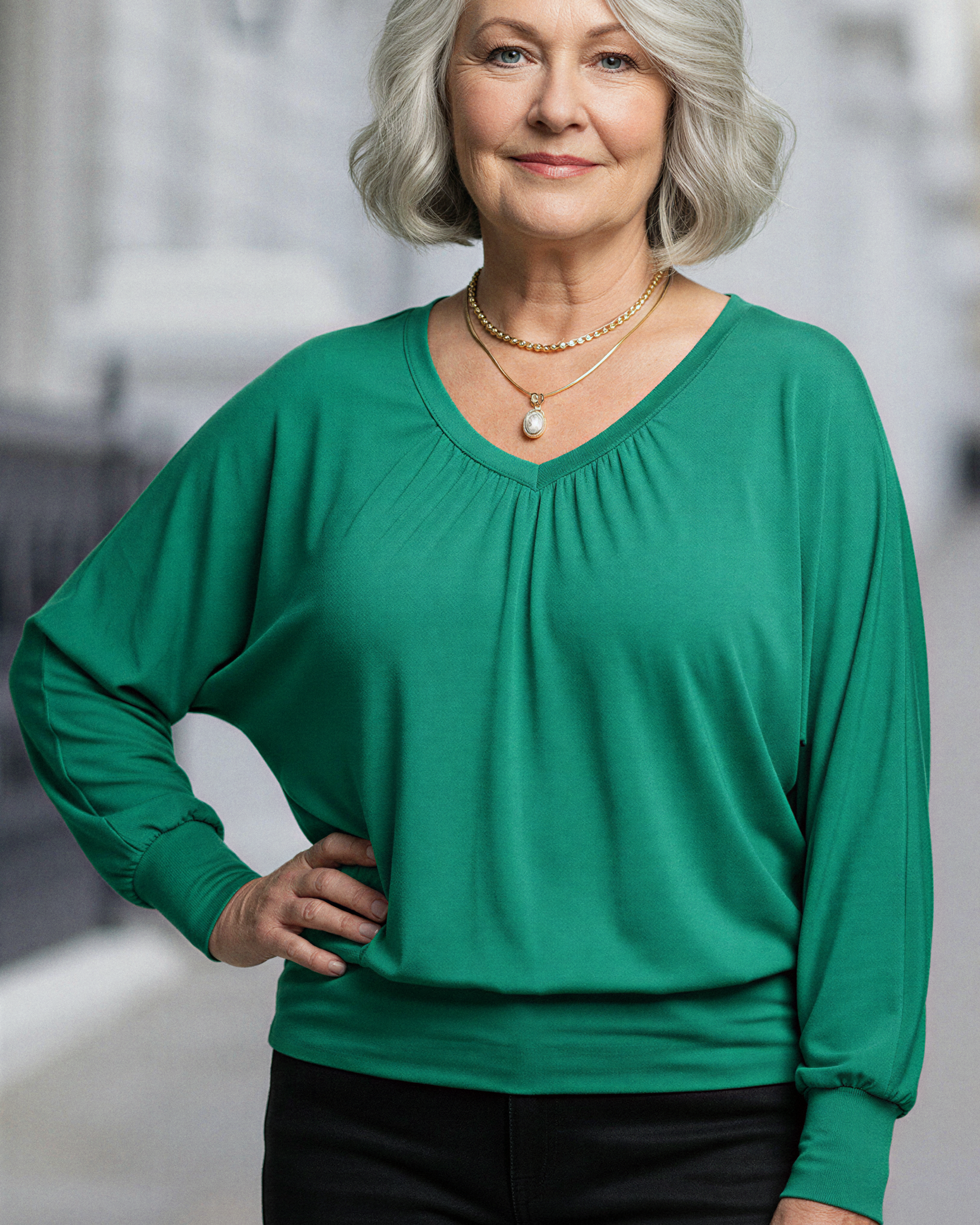 Vivienne Ruched Batwing V Neck - Emerald