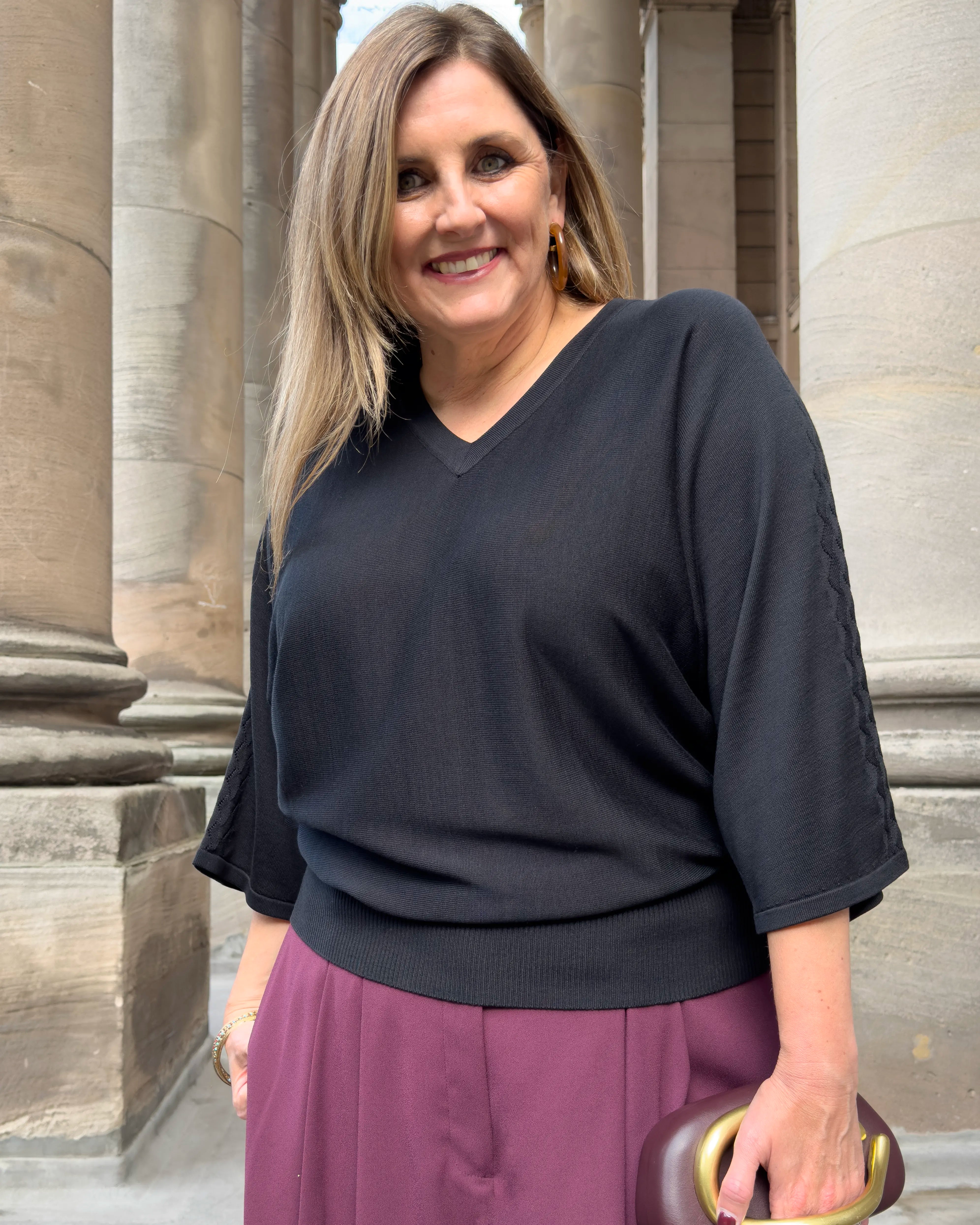 Harper Fine Knit V-neck Top - Black