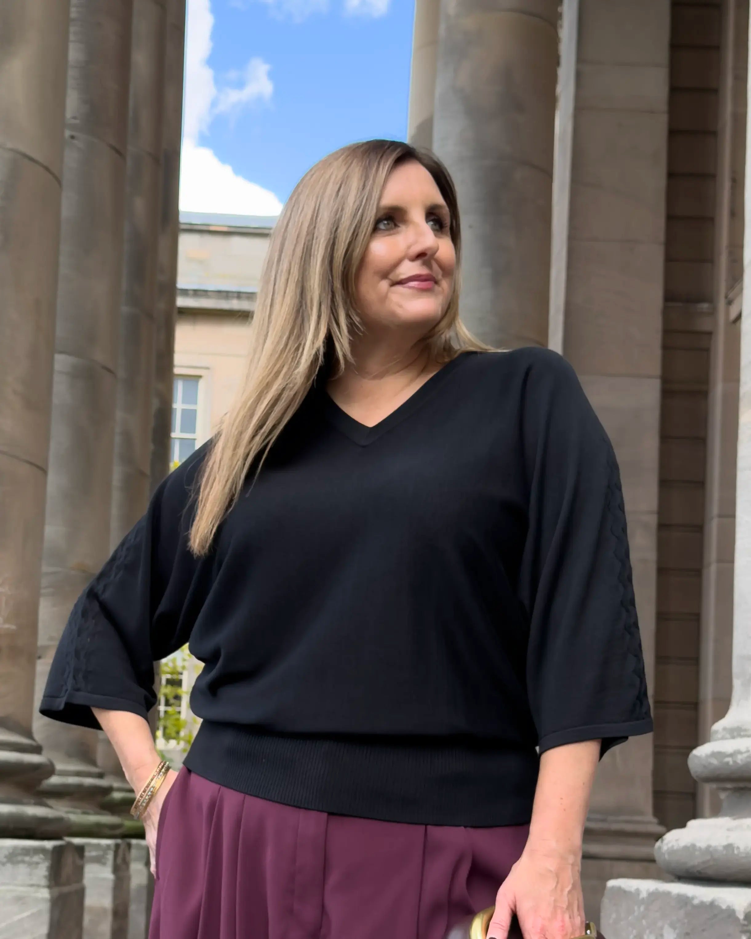 Harper Fine Knit V-neck Top - Black