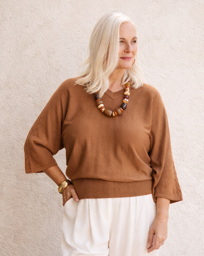 Harper Fine Knit Tencel V-neck Top - Bronze