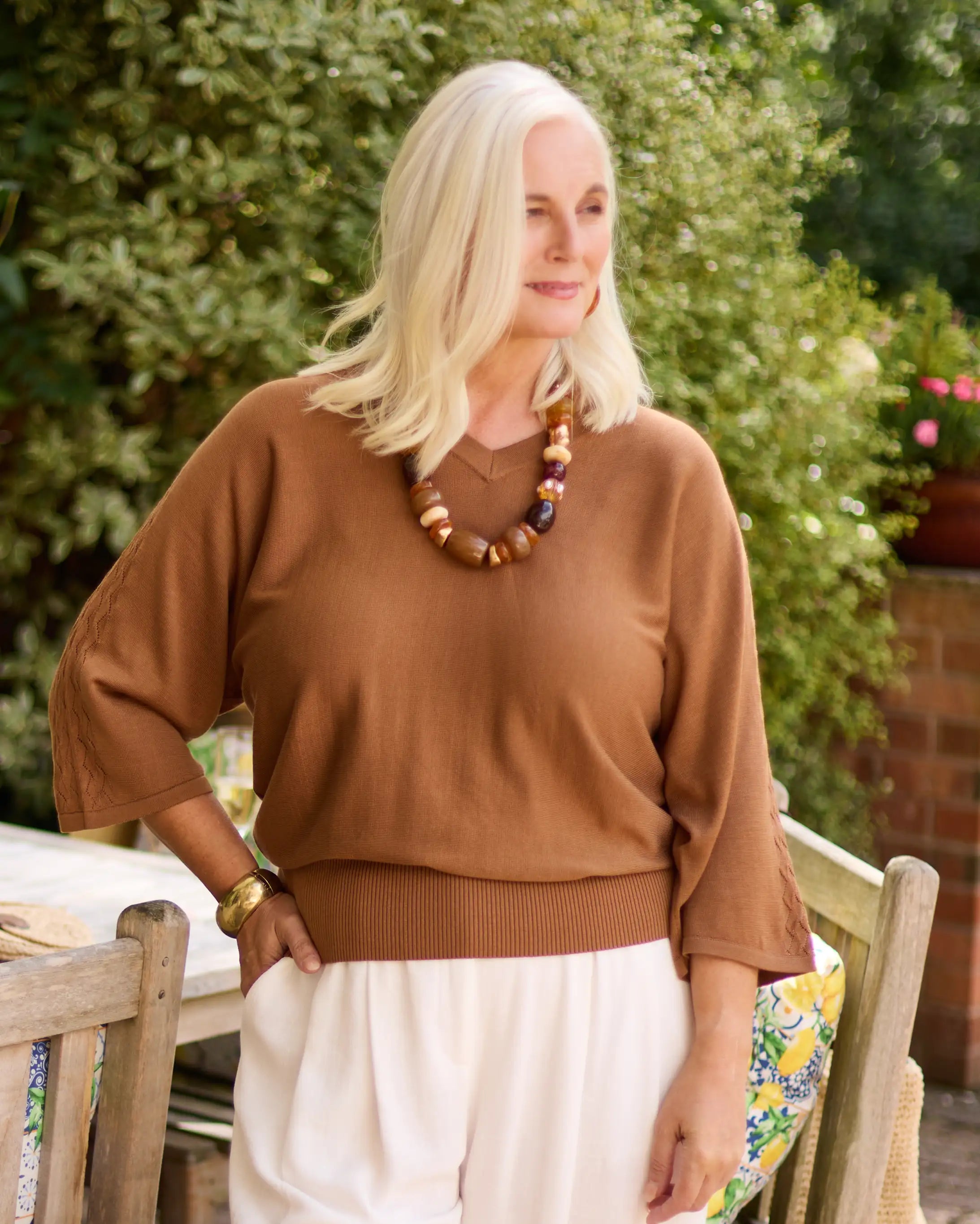 Harper Fine Knit Tencel V-neck Top - Bronze