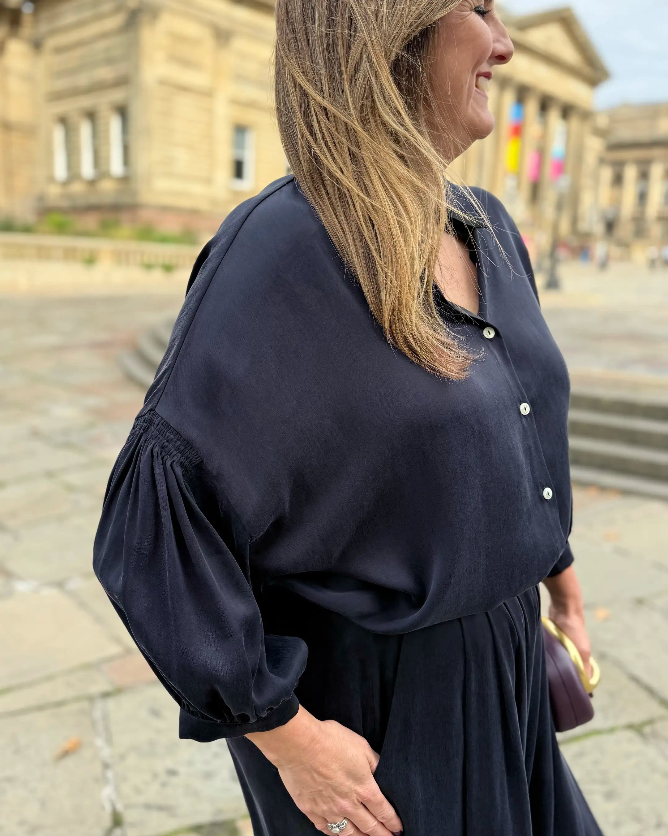 Sorrento Pleated Cupro Shirt - Navy