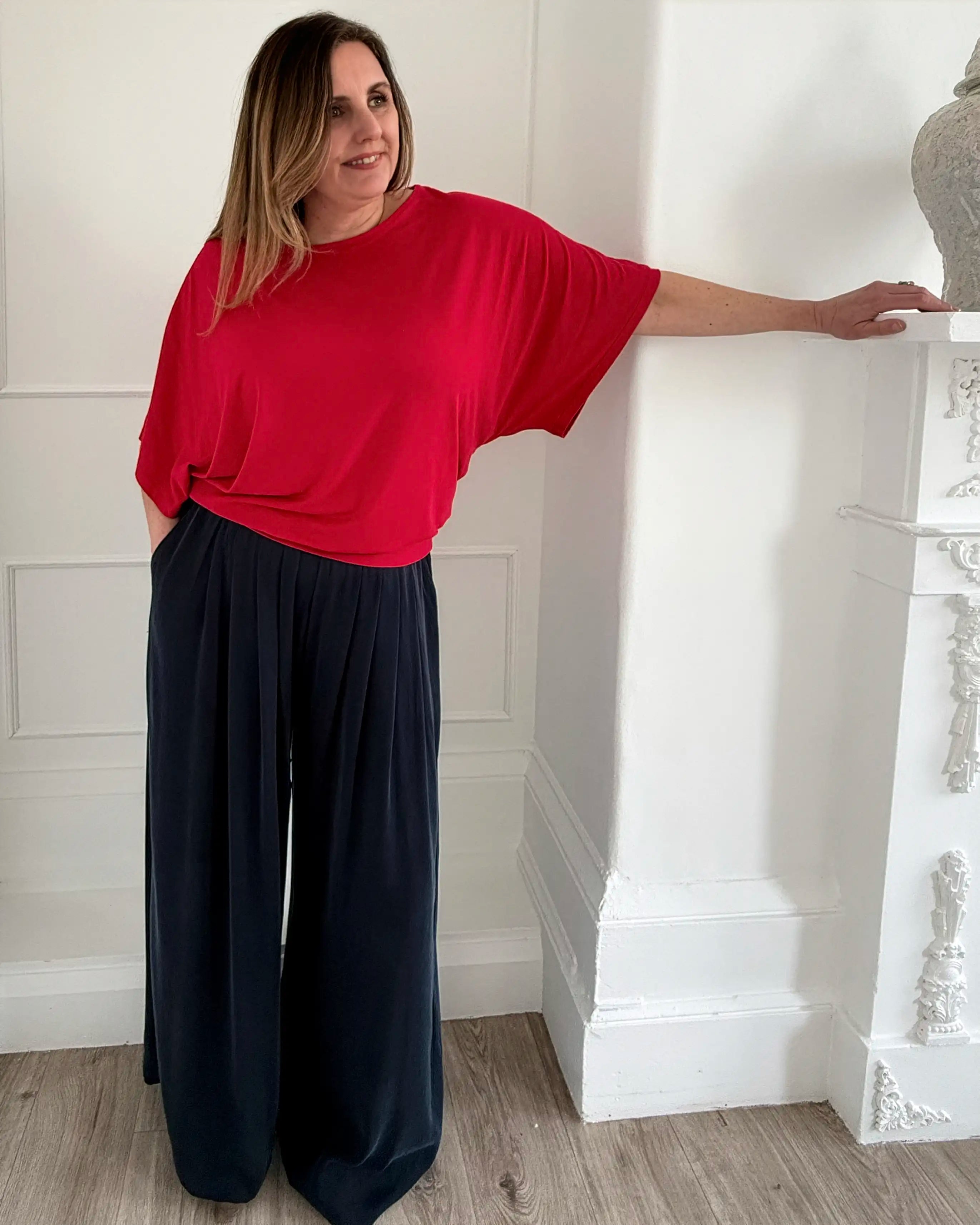 Portofino Pleated Wide Leg Cupro Trouser - Navy