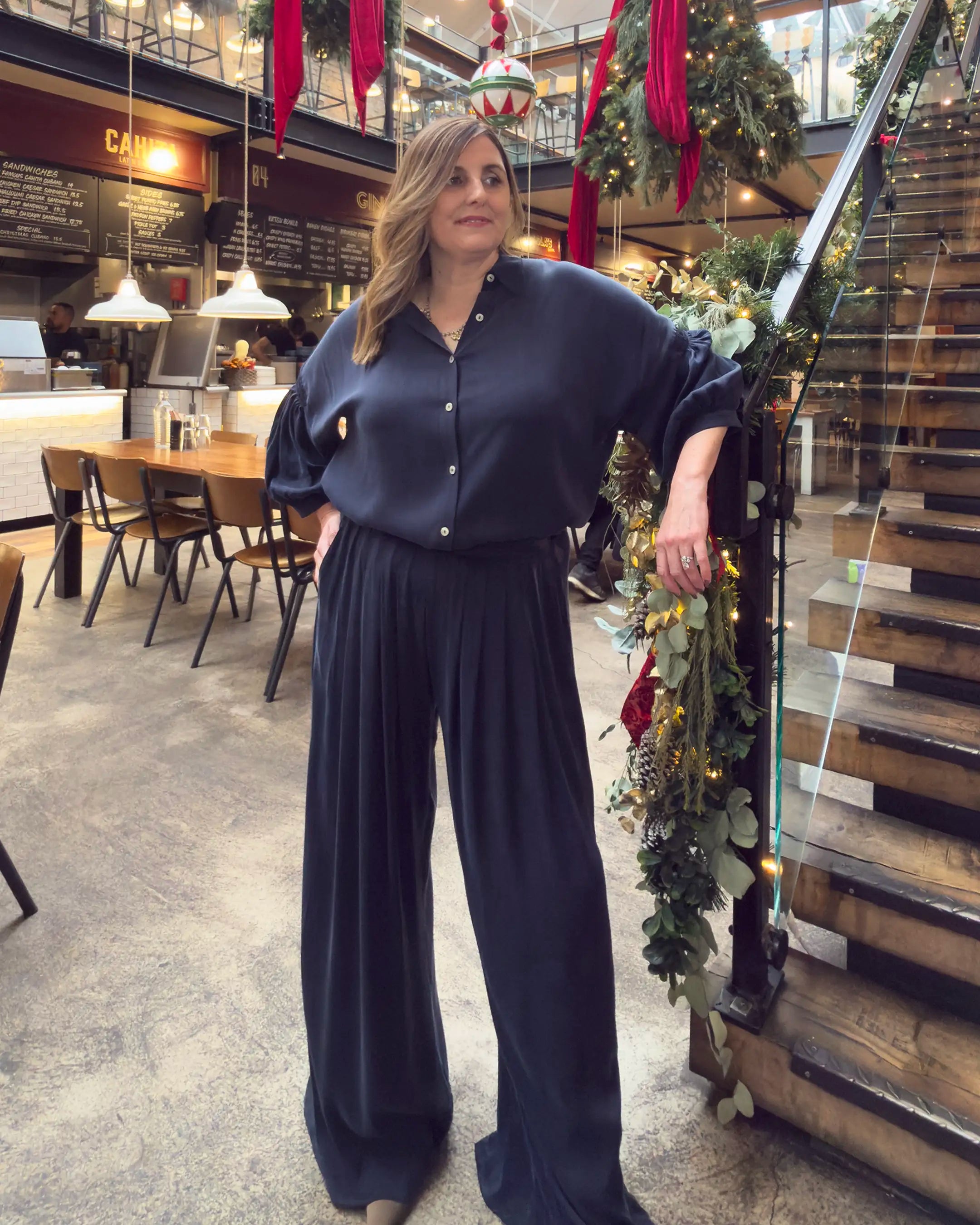 Portofino Pleated Wide Leg Cupro Trouser - Navy