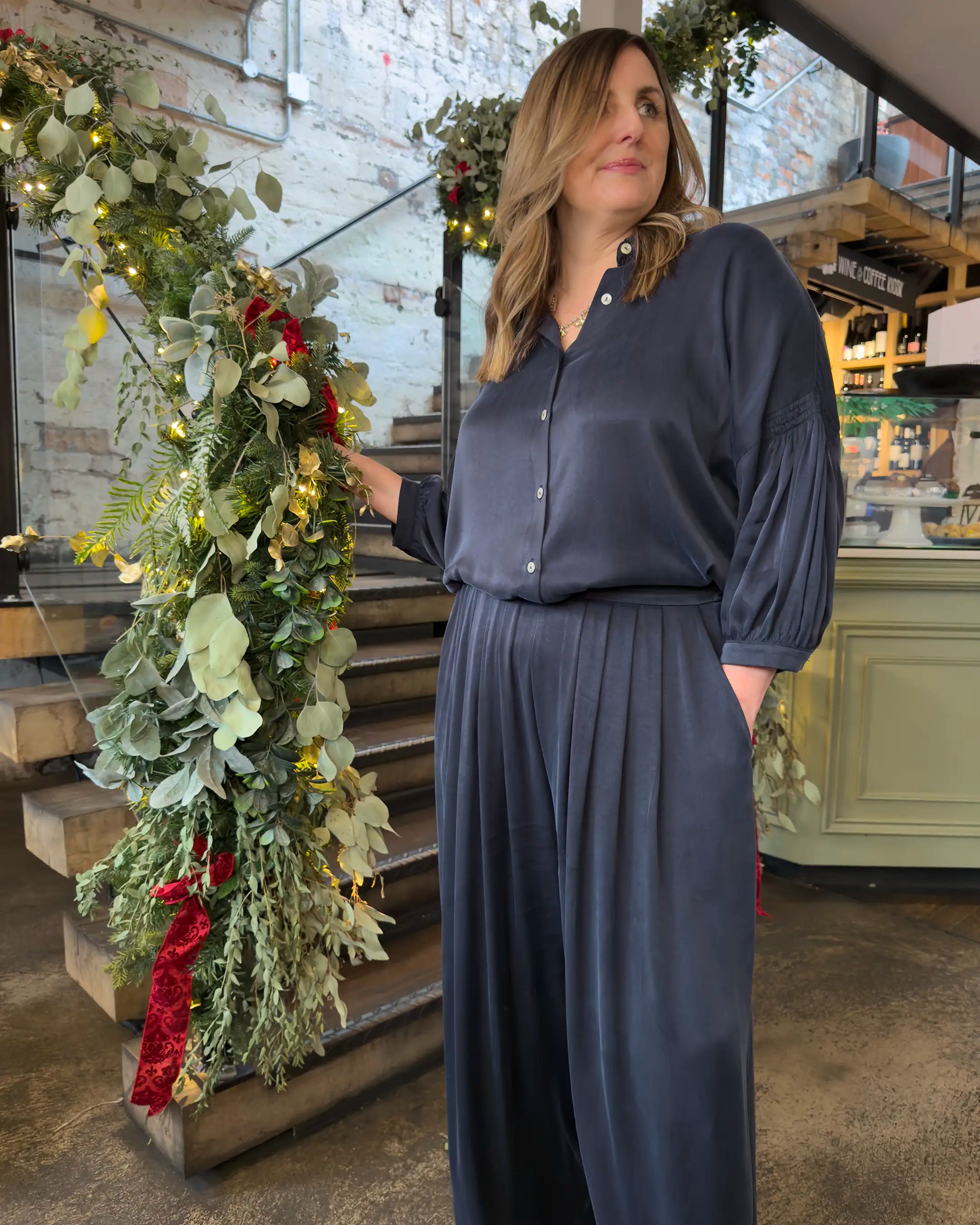 Portofino Pleated Wide Leg Cupro Trouser - Navy