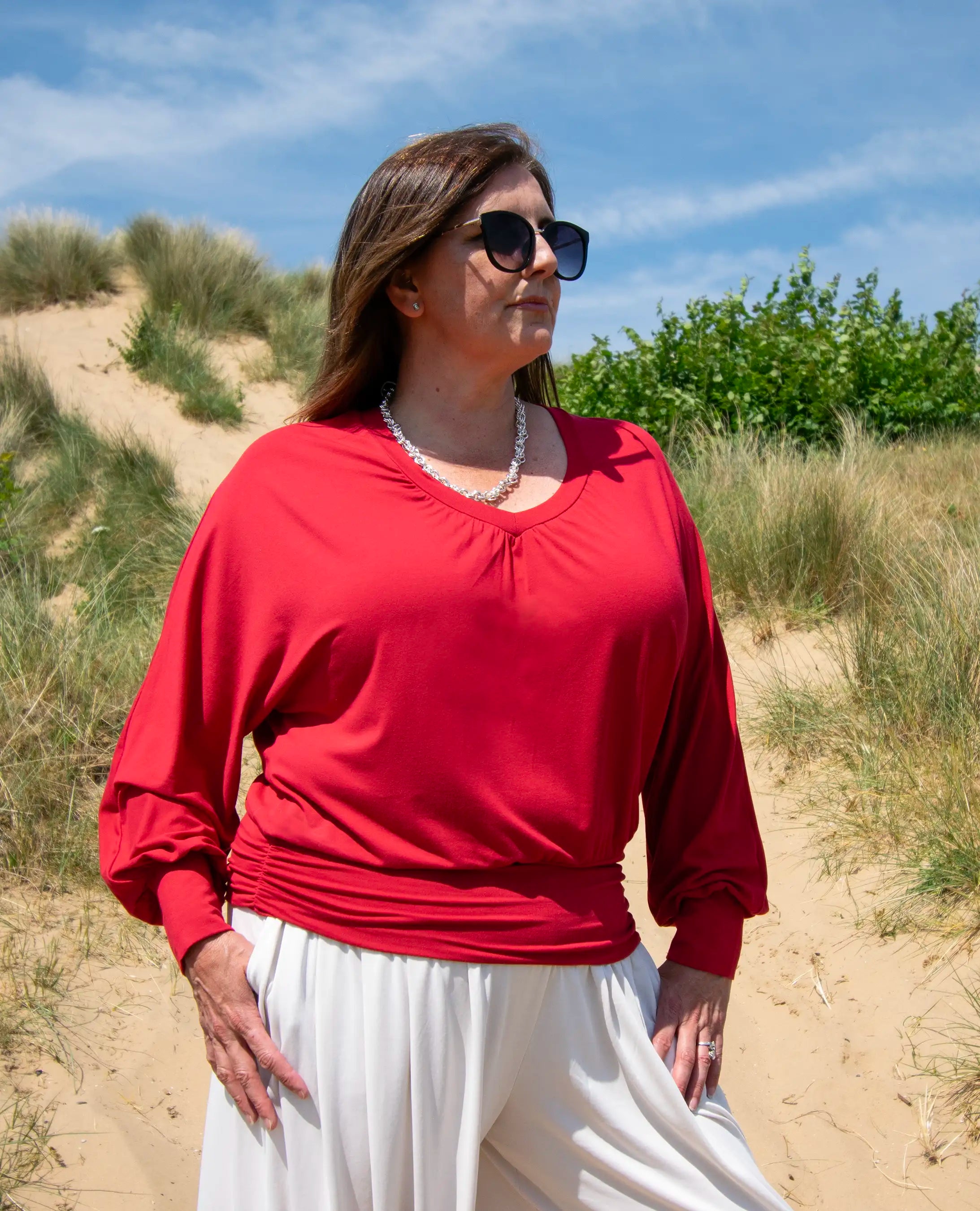Vivienne Ruched Batwing V Neck - Lipstick Red