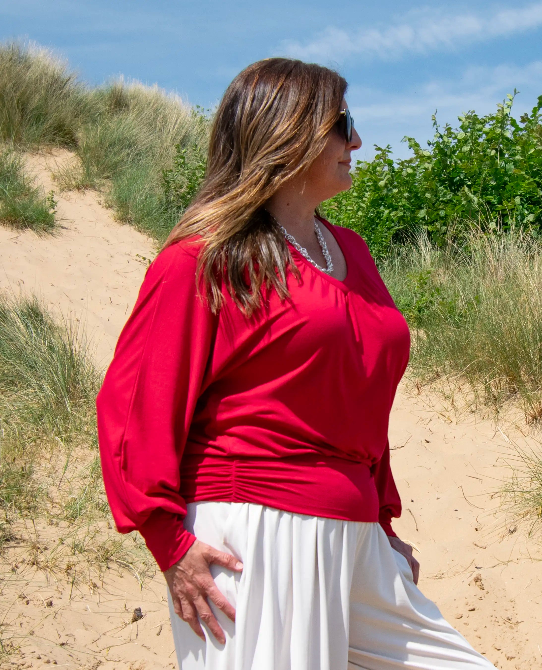 Vivienne Ruched Batwing V Neck - Lipstick Red