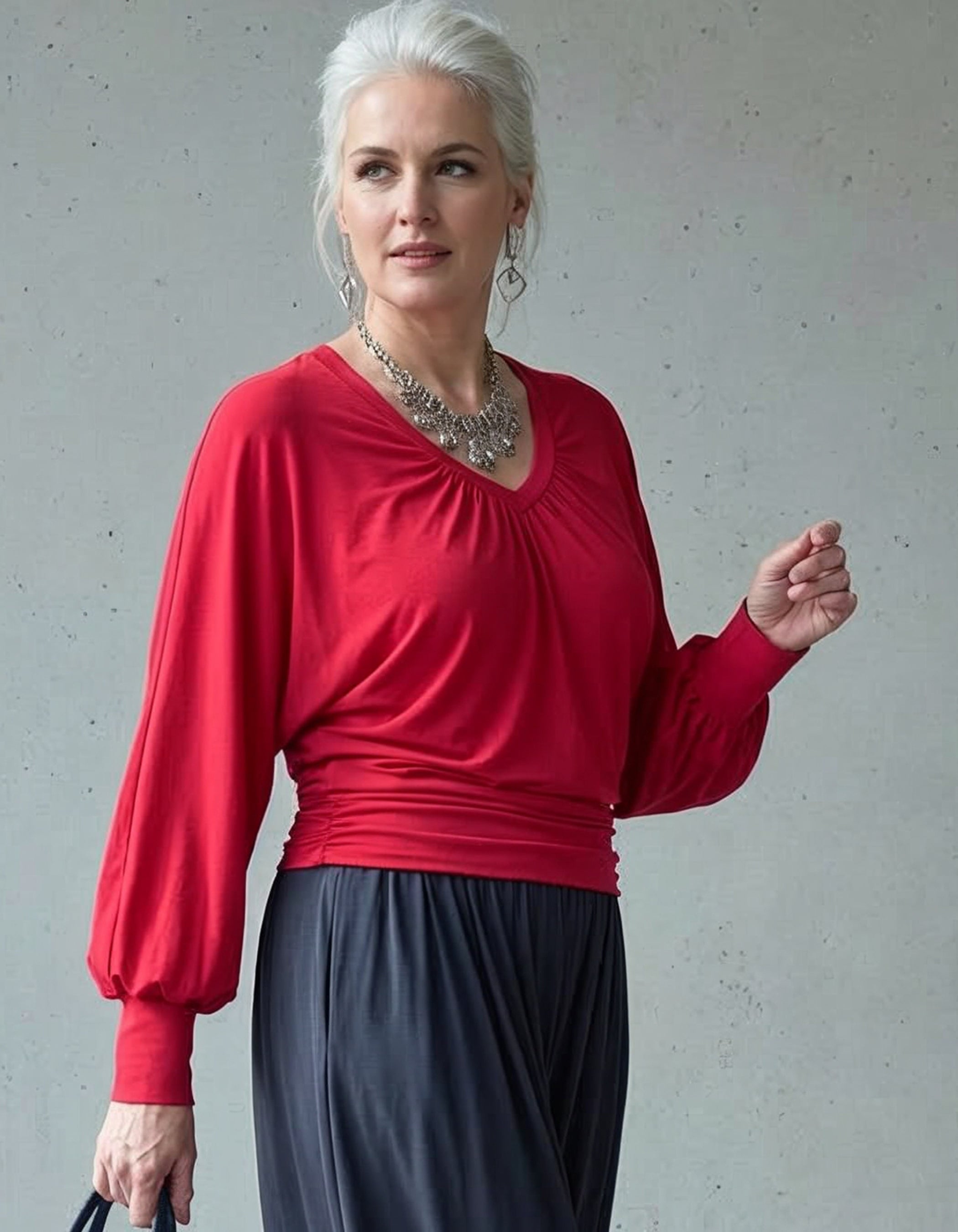 Vivienne Ruched Batwing V Neck - Lipstick Red