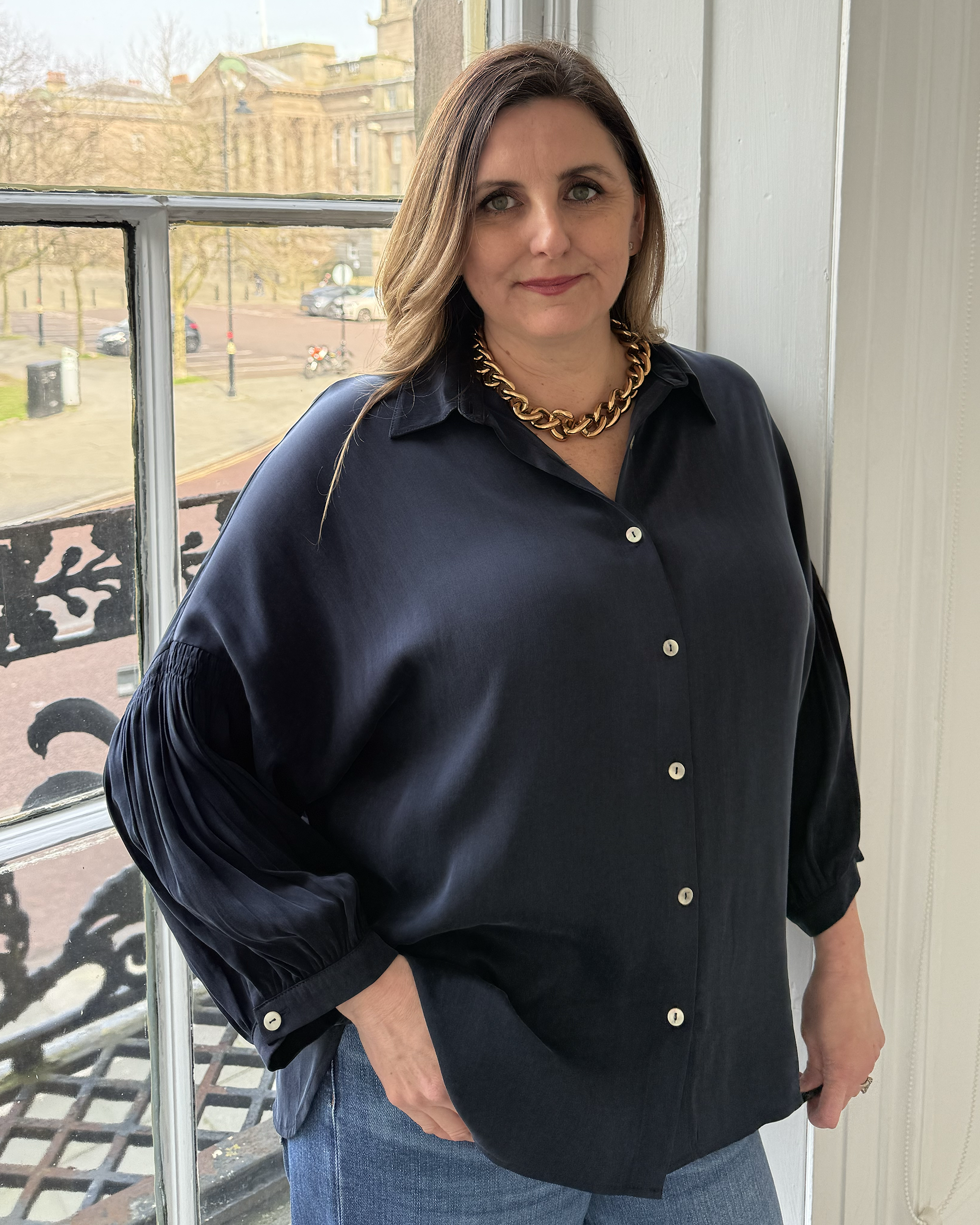 Sorrento Pleated Cupro Shirt - Navy