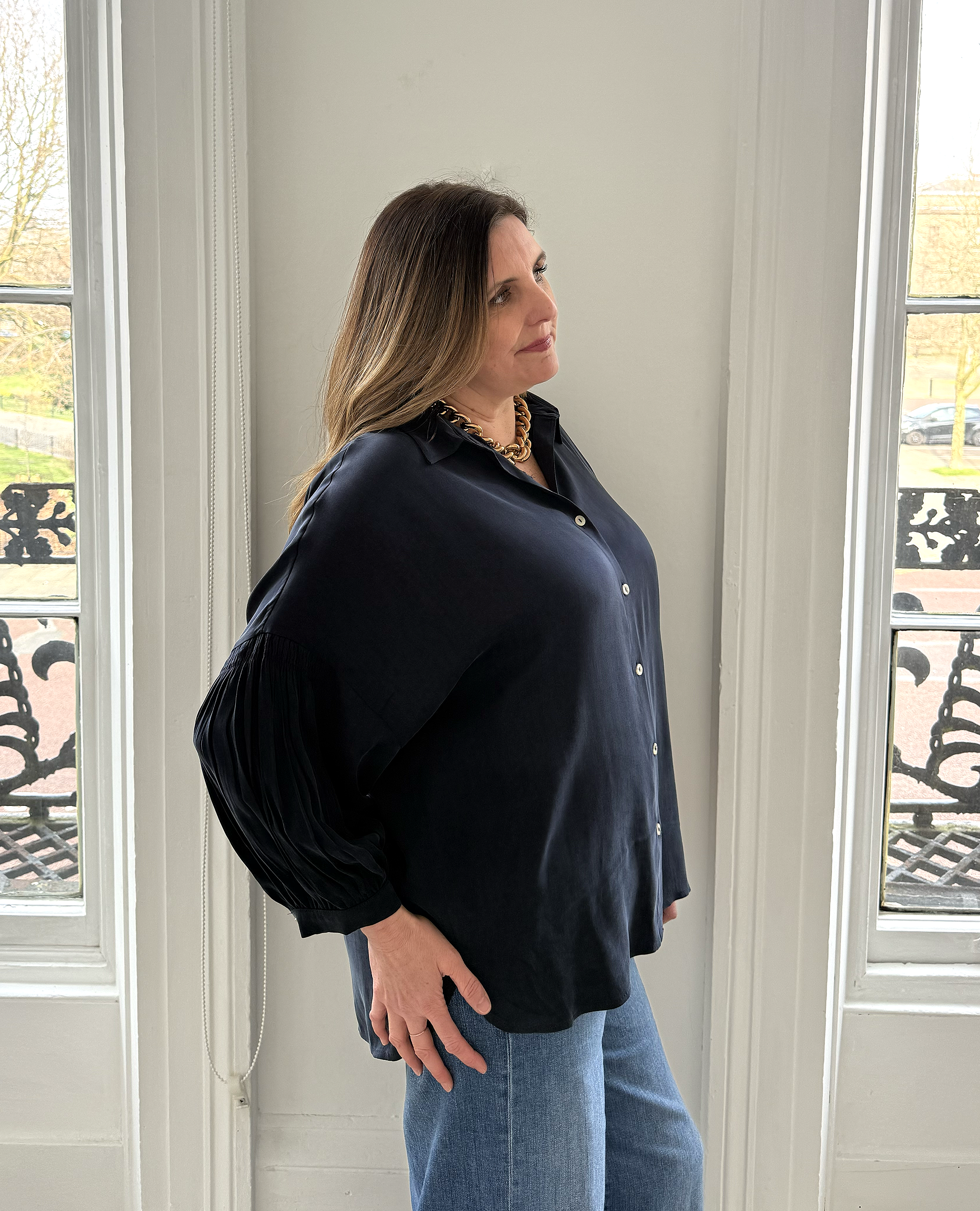 Sorrento Pleated Cupro Shirt - Navy