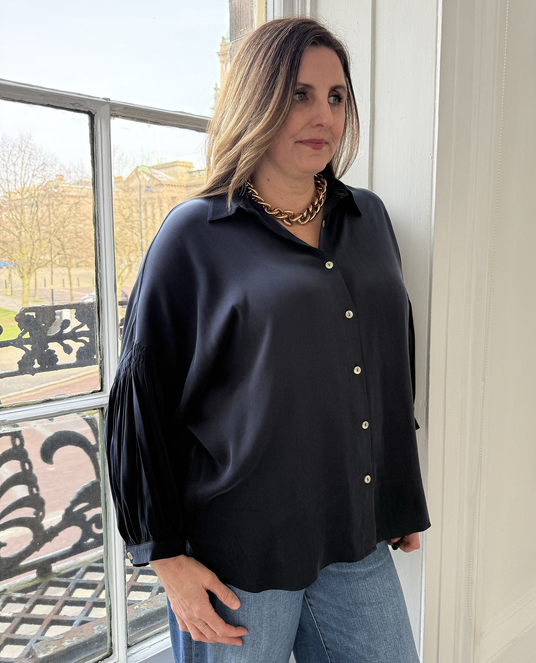 Sorrento Pleated Cupro Shirt - Navy