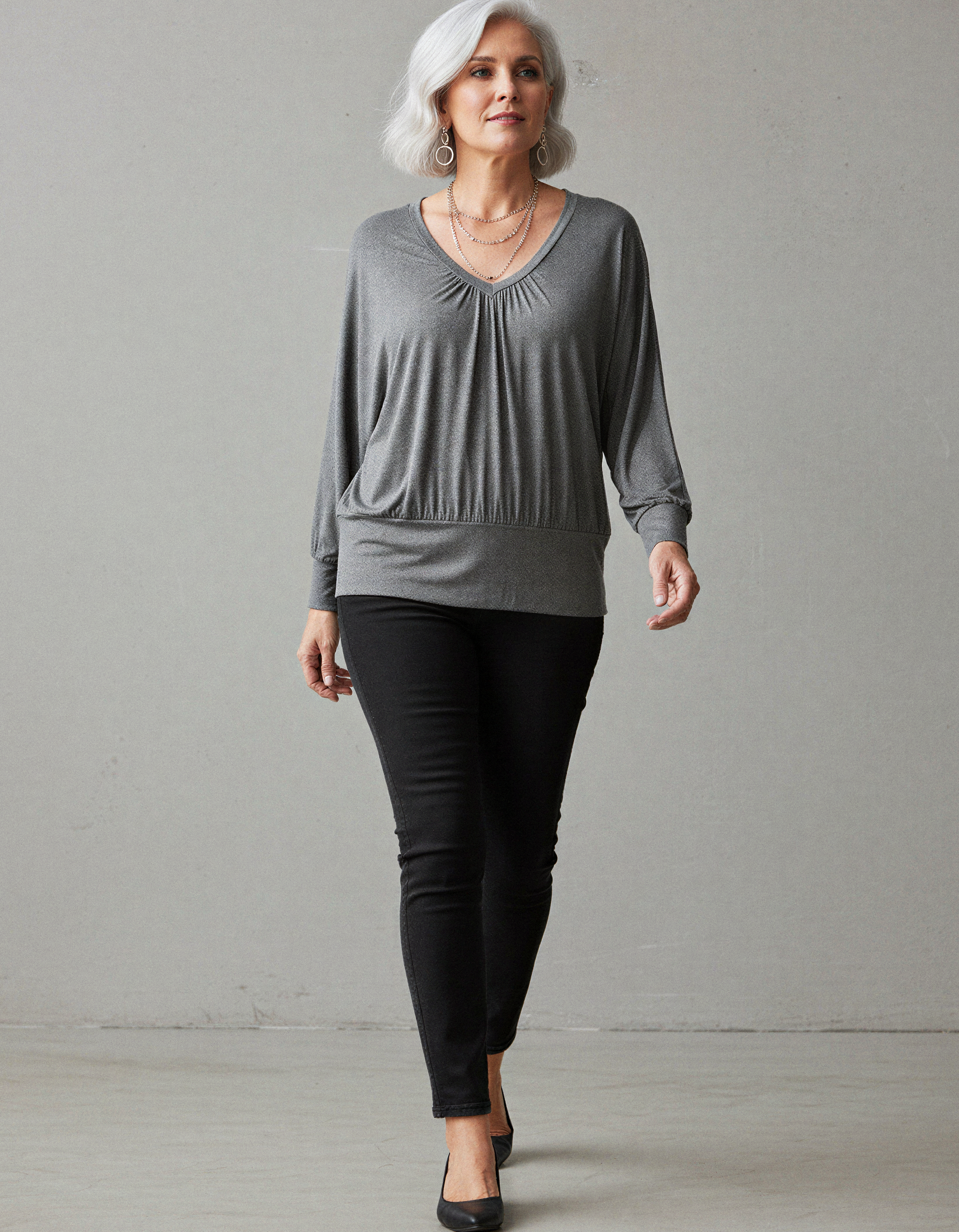 Vivienne Marl Ruched Batwing V Neck - Charcoal Marl