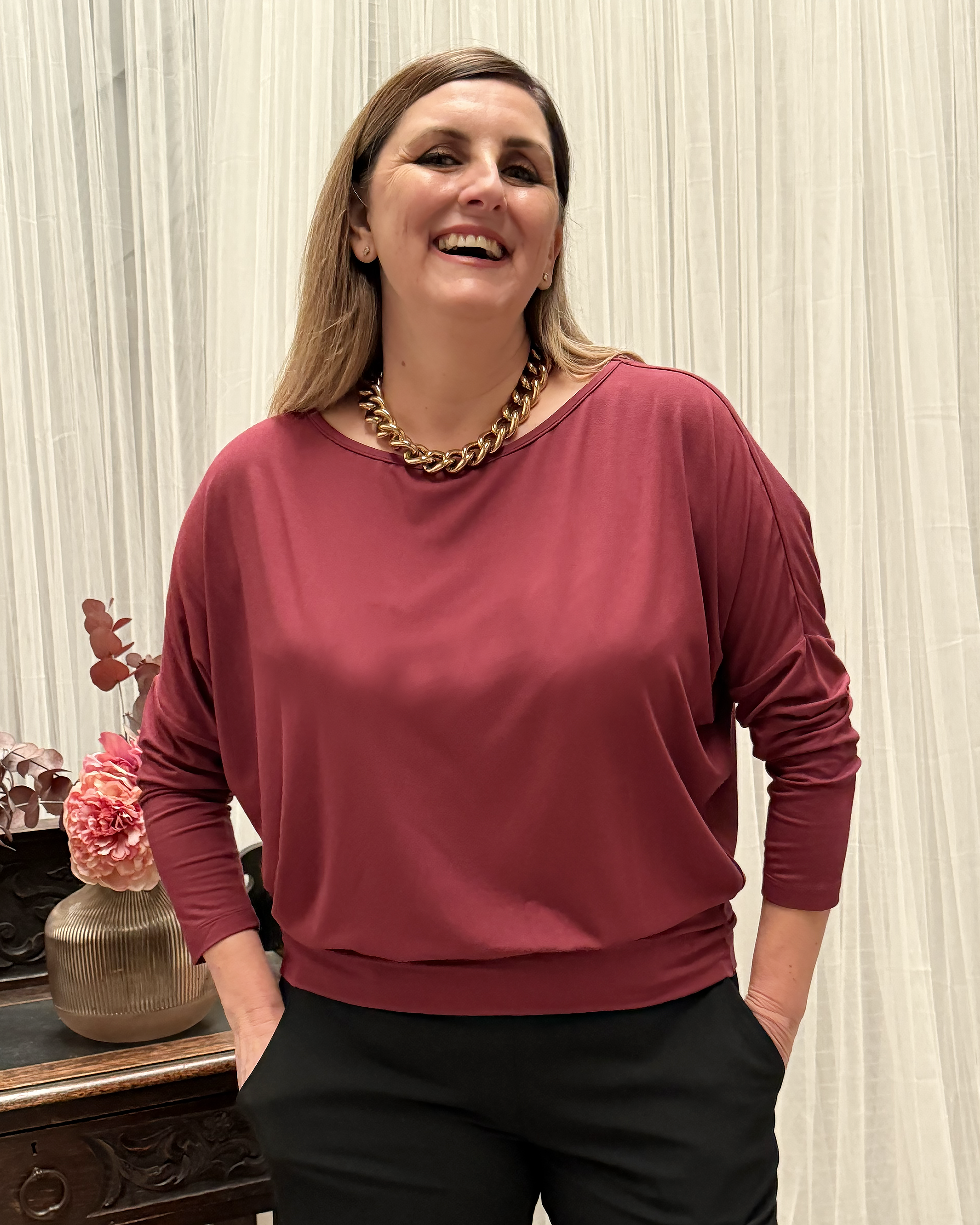 Aimee Relaxed Batwing Top - Burgundy