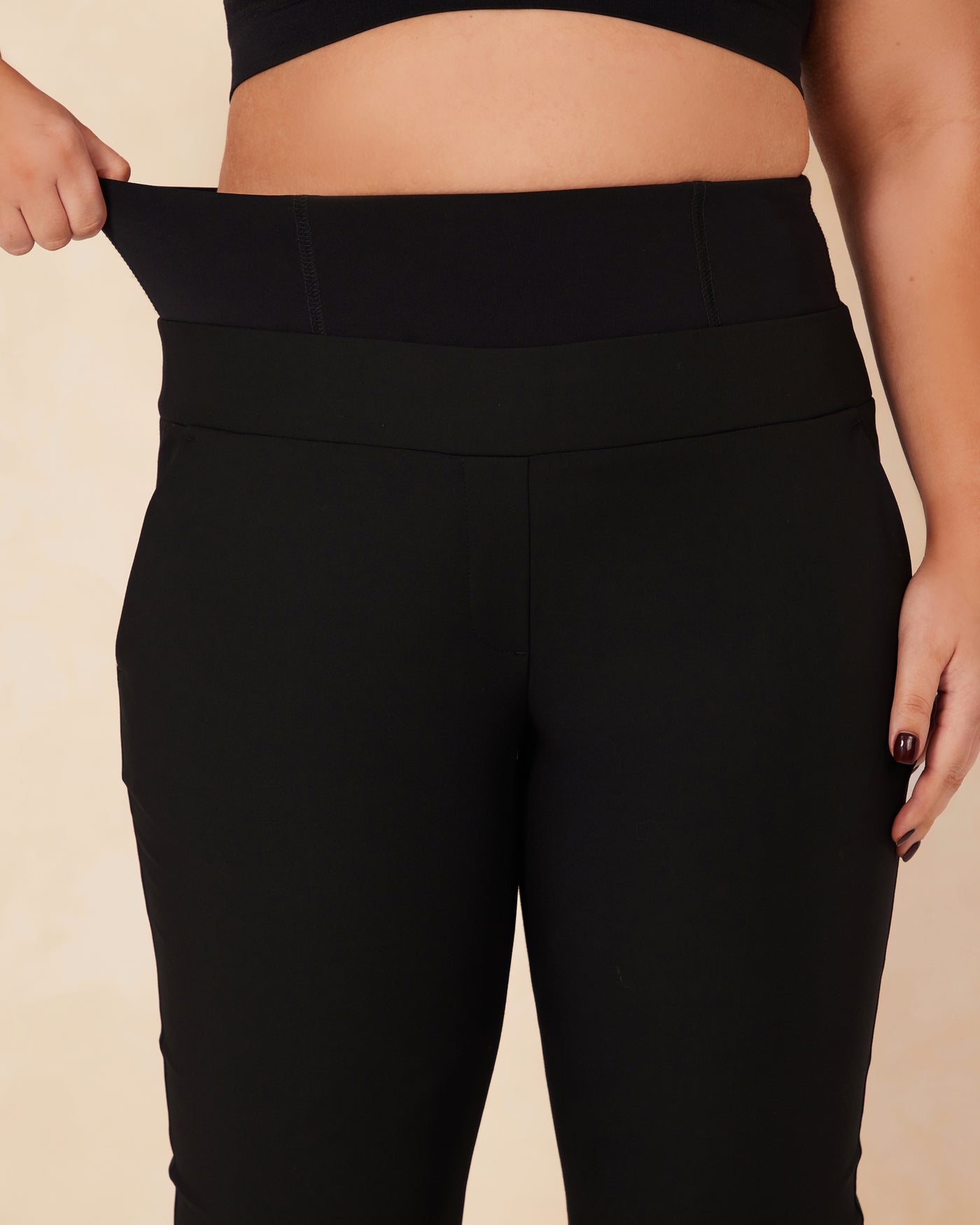 Black Stretch Cigarette Pants With Houndstooth Pattern, High Waist