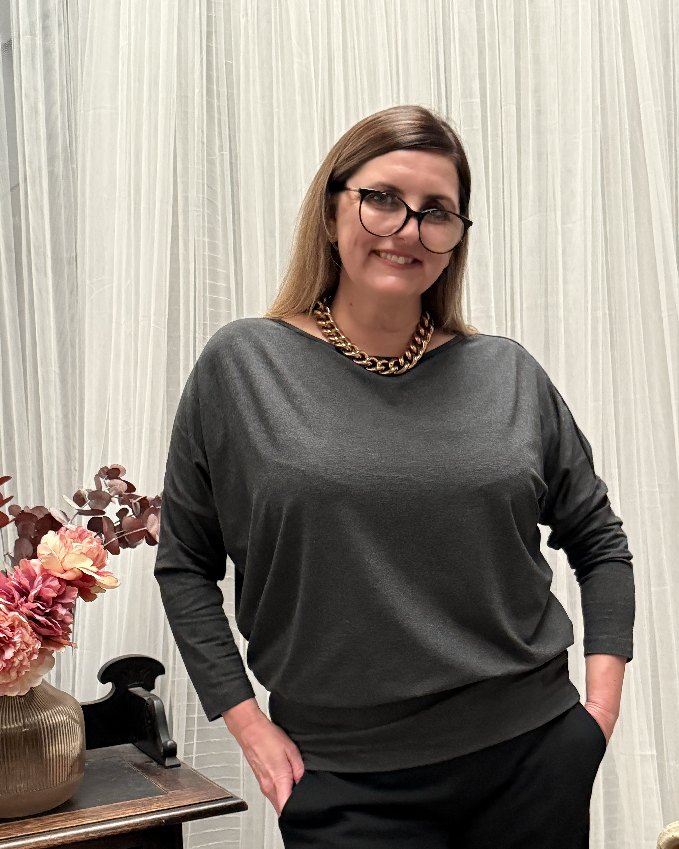 Aimee Marl Relaxed Batwing Top - Charcoal Marl