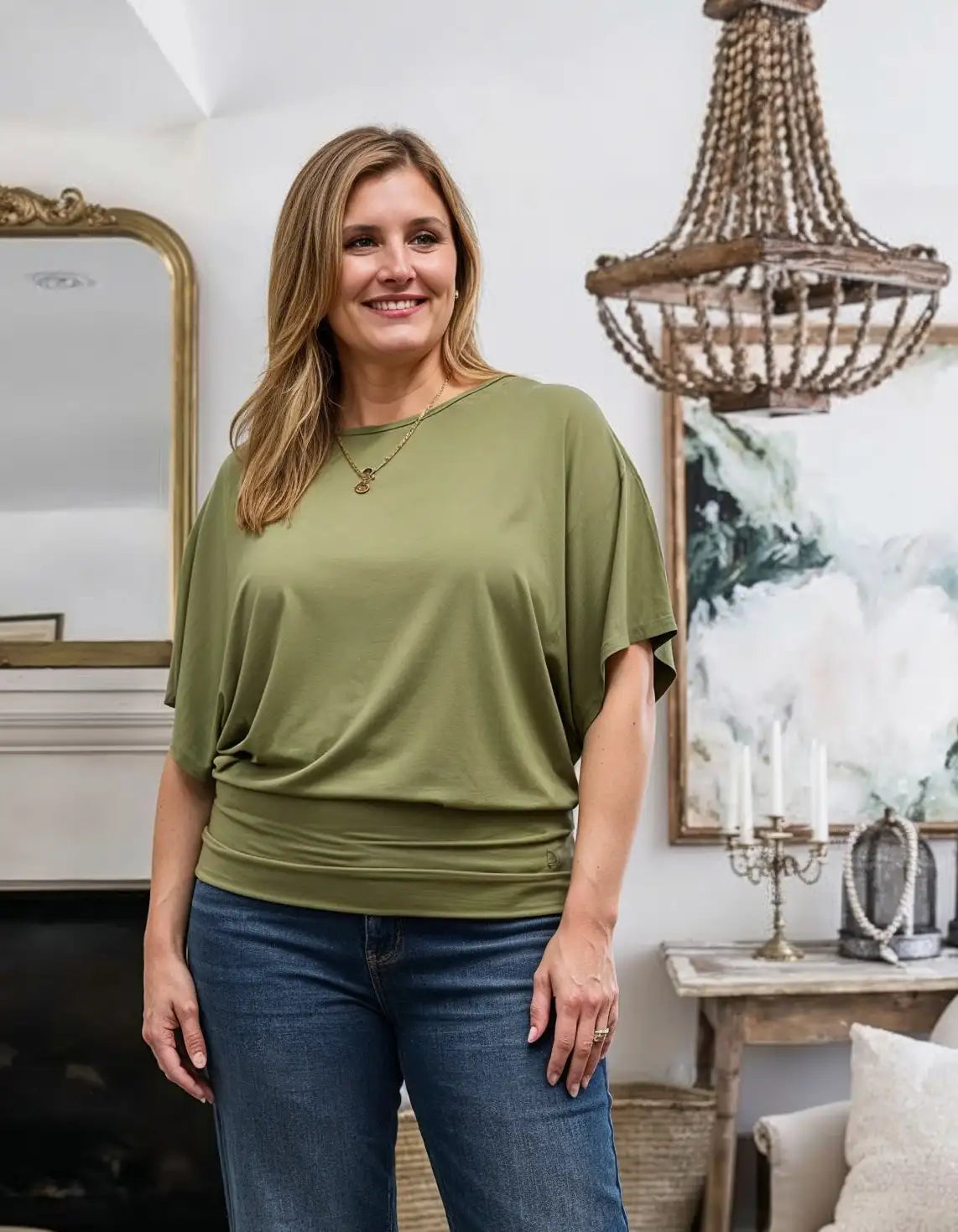 Nico Kimono Sleeve Jersey Top - Khaki