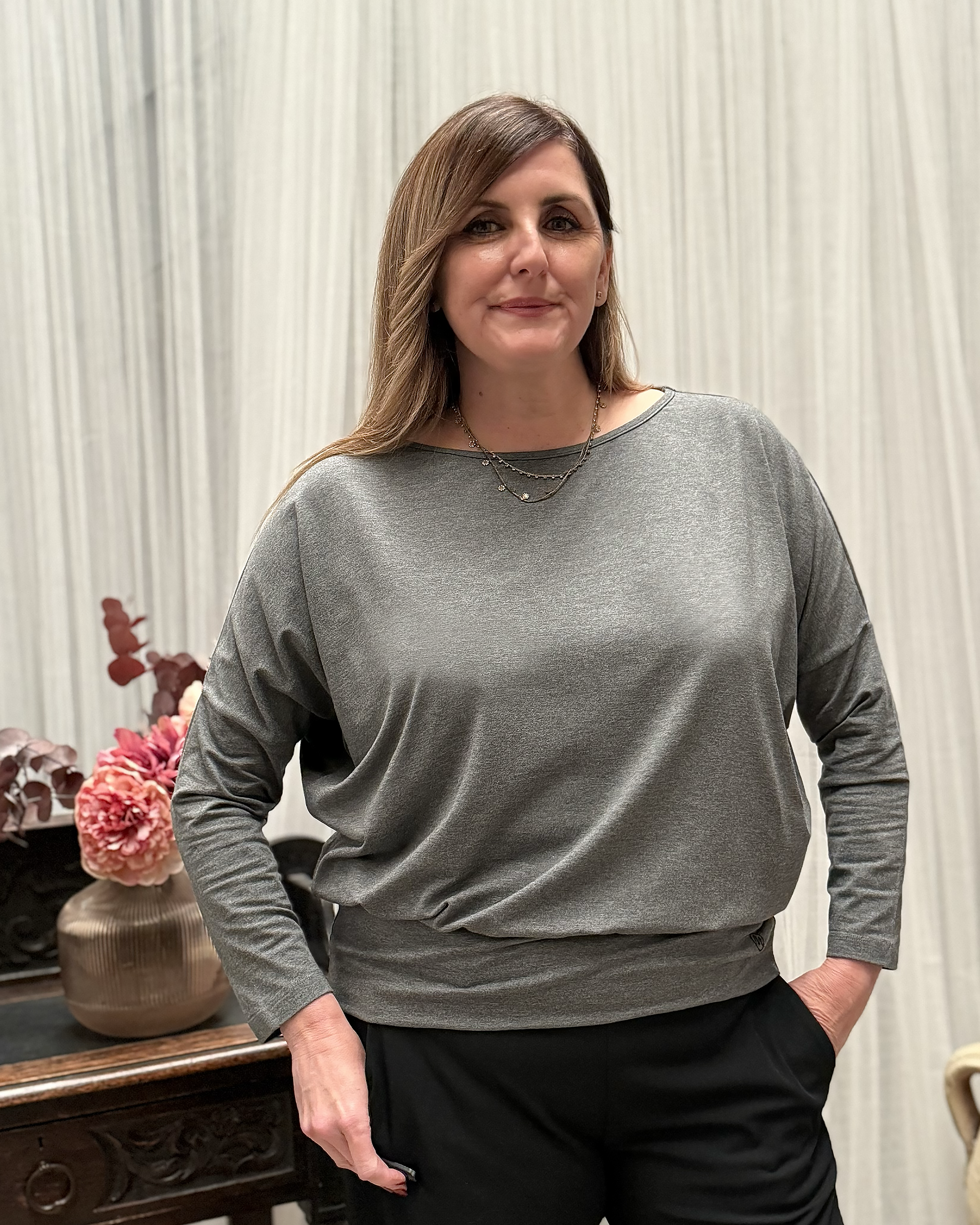 Aimee Marl Relaxed Batwing Top - Mid Grey Marl