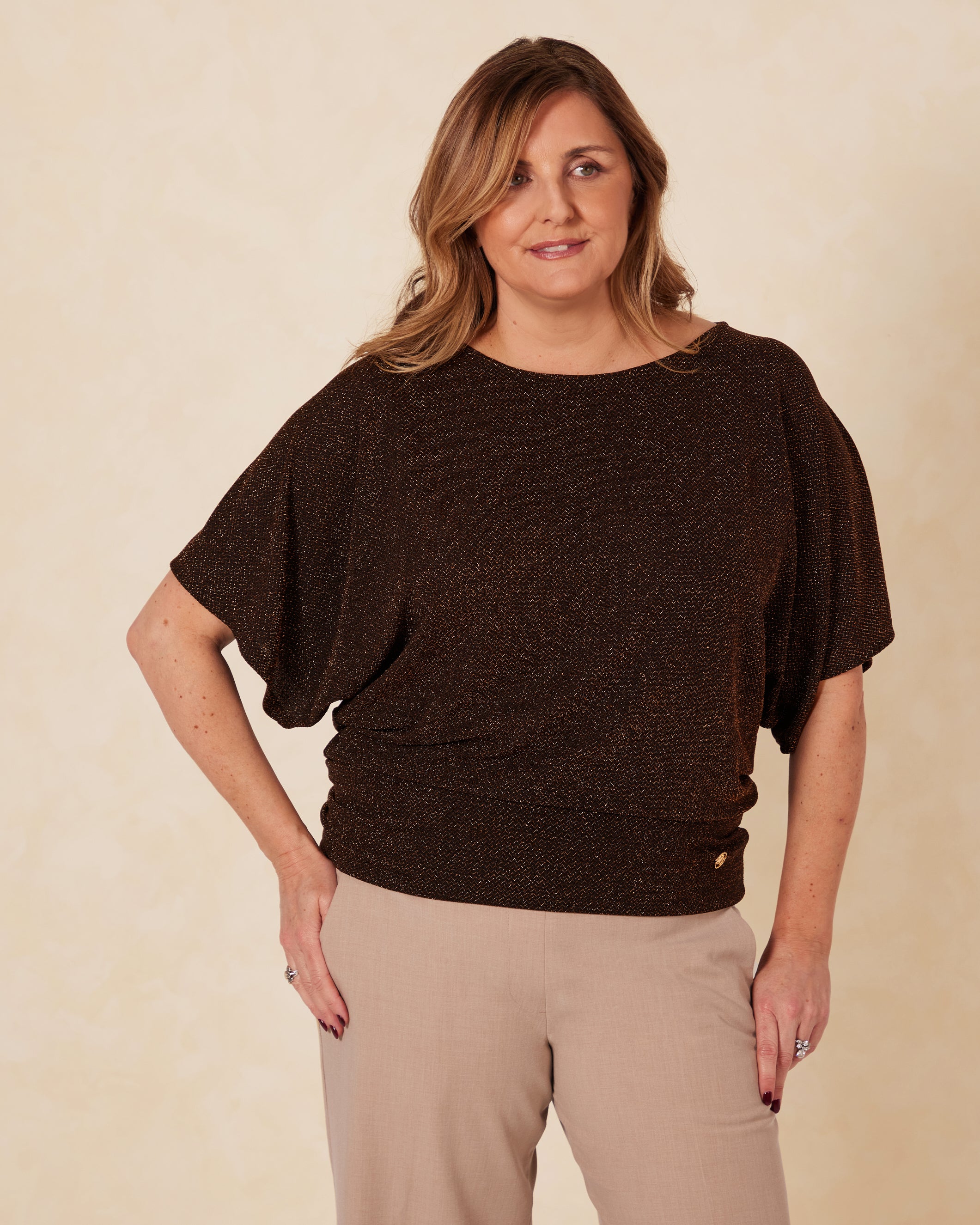 Nico Sparkle Flattering Kimono Sleeve Party Top - Bronze