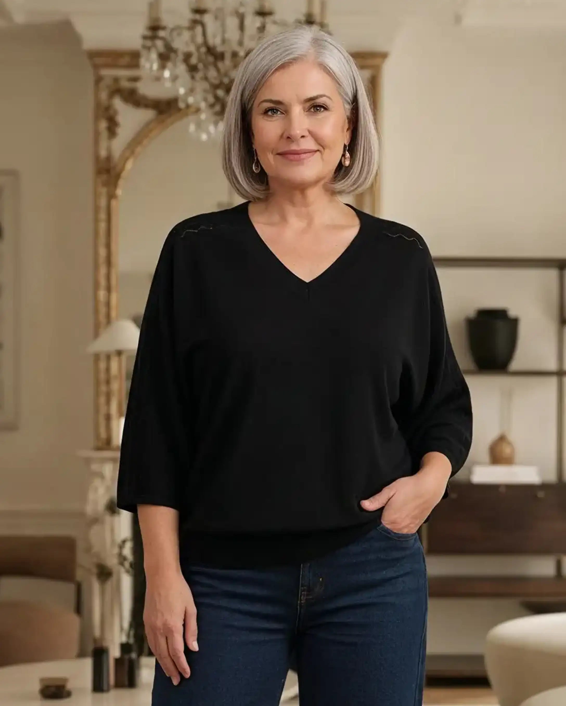 Harper Fine Knit V-neck Top - Black