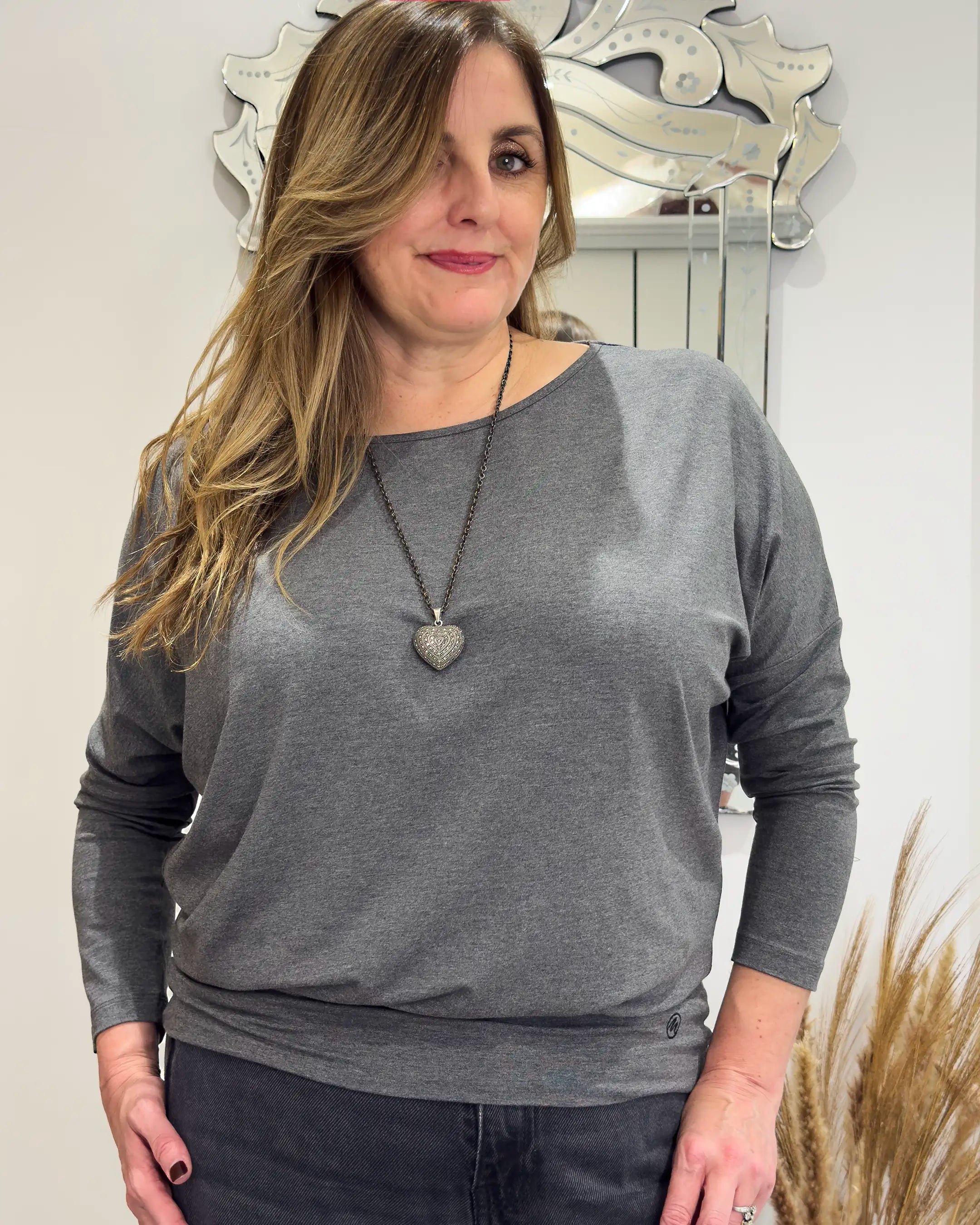 Aimee Marl Relaxed Batwing Top - Mid Grey Marl