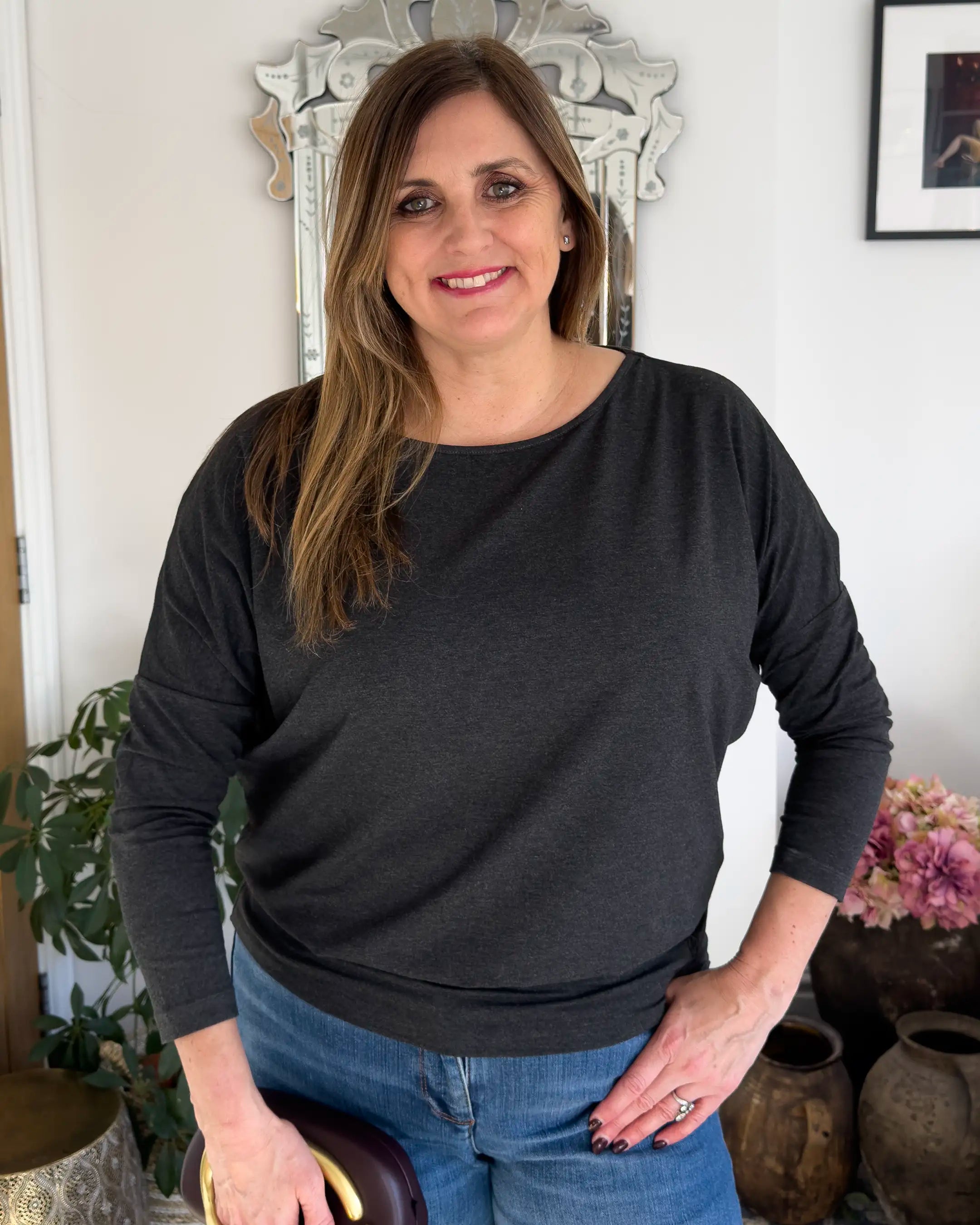 Aimee Marl Relaxed Batwing Top - Charcoal Marl