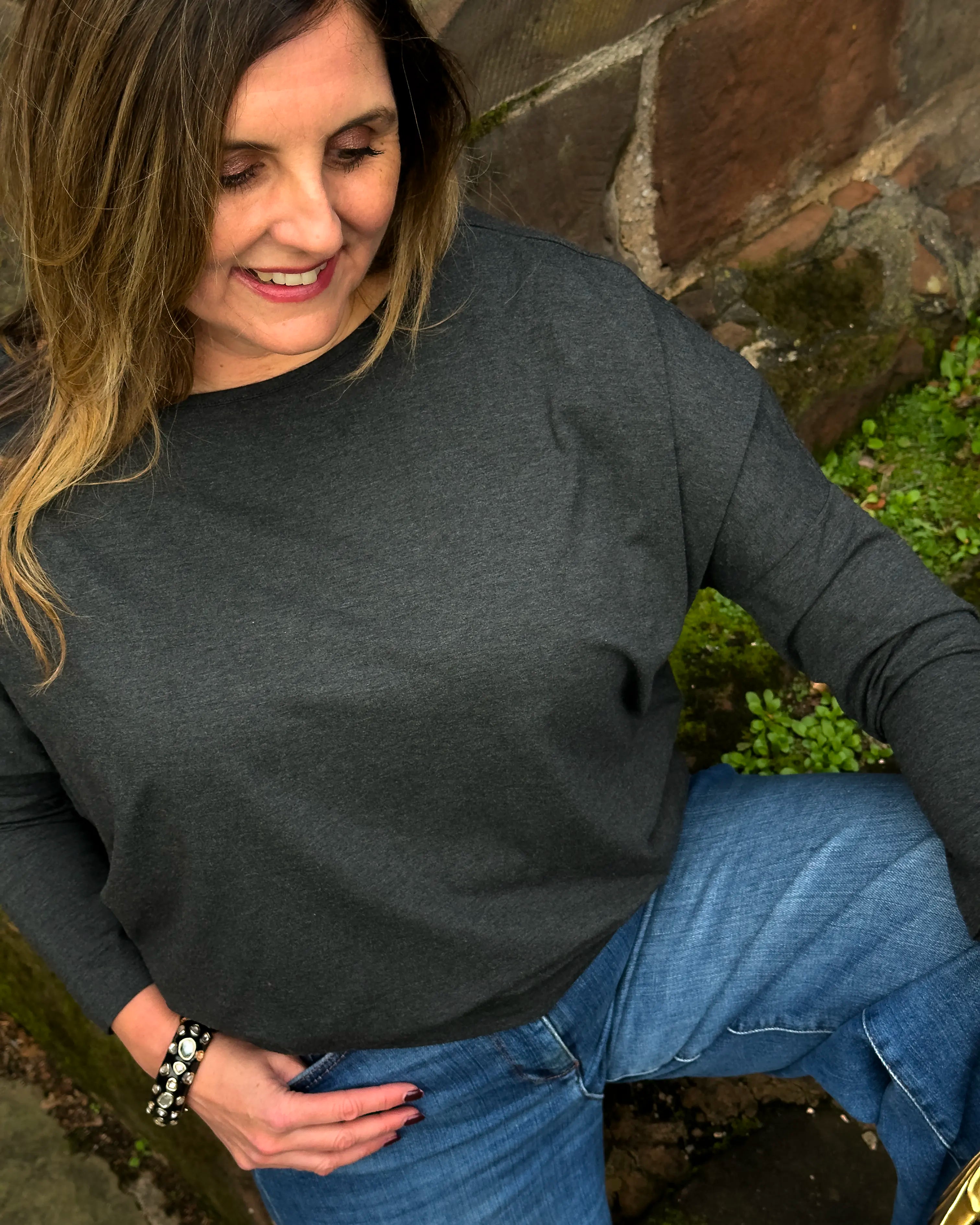 Aimee Marl Relaxed Batwing Top - Charcoal Marl