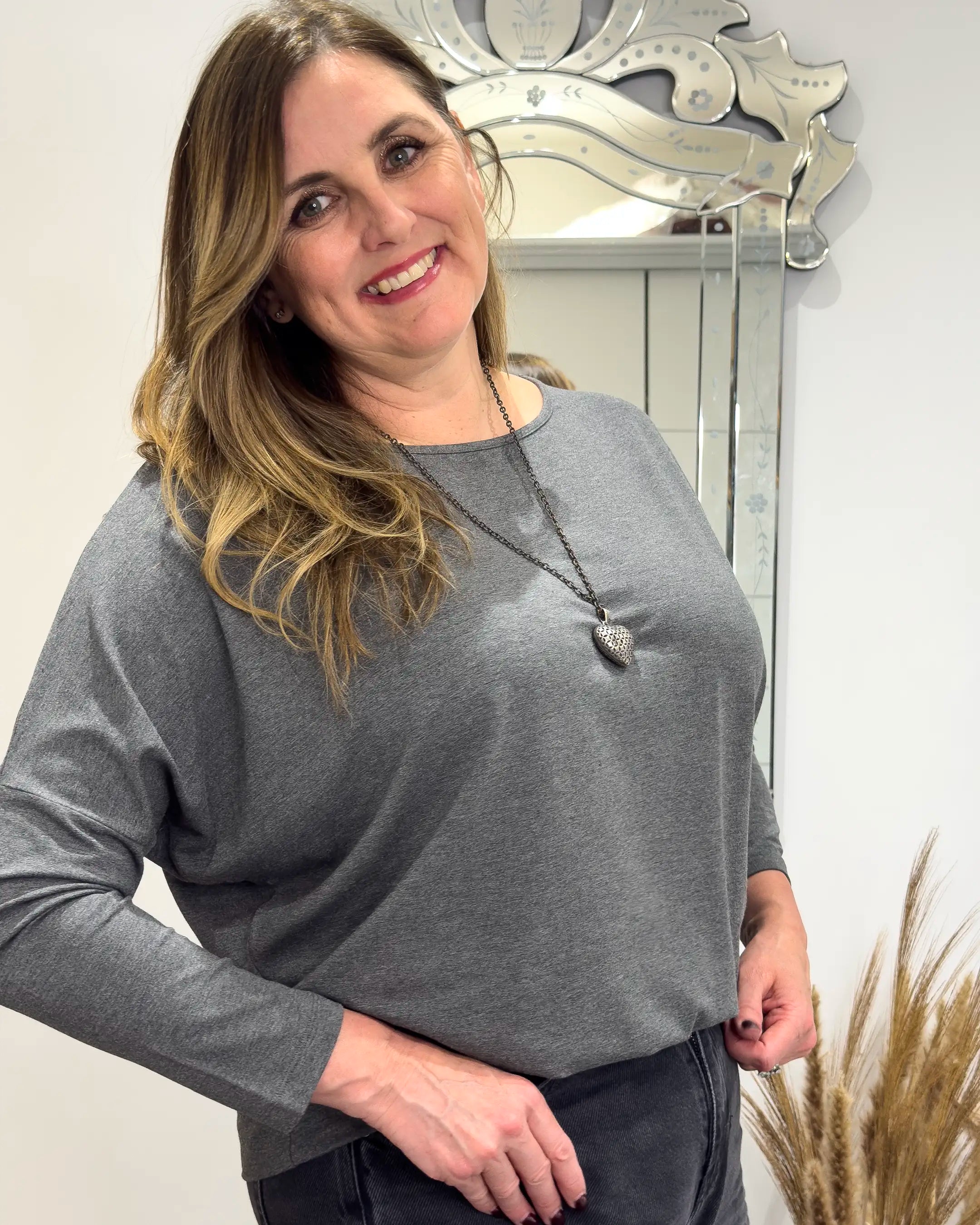 Aimee Marl Relaxed Batwing Top - Mid Grey Marl