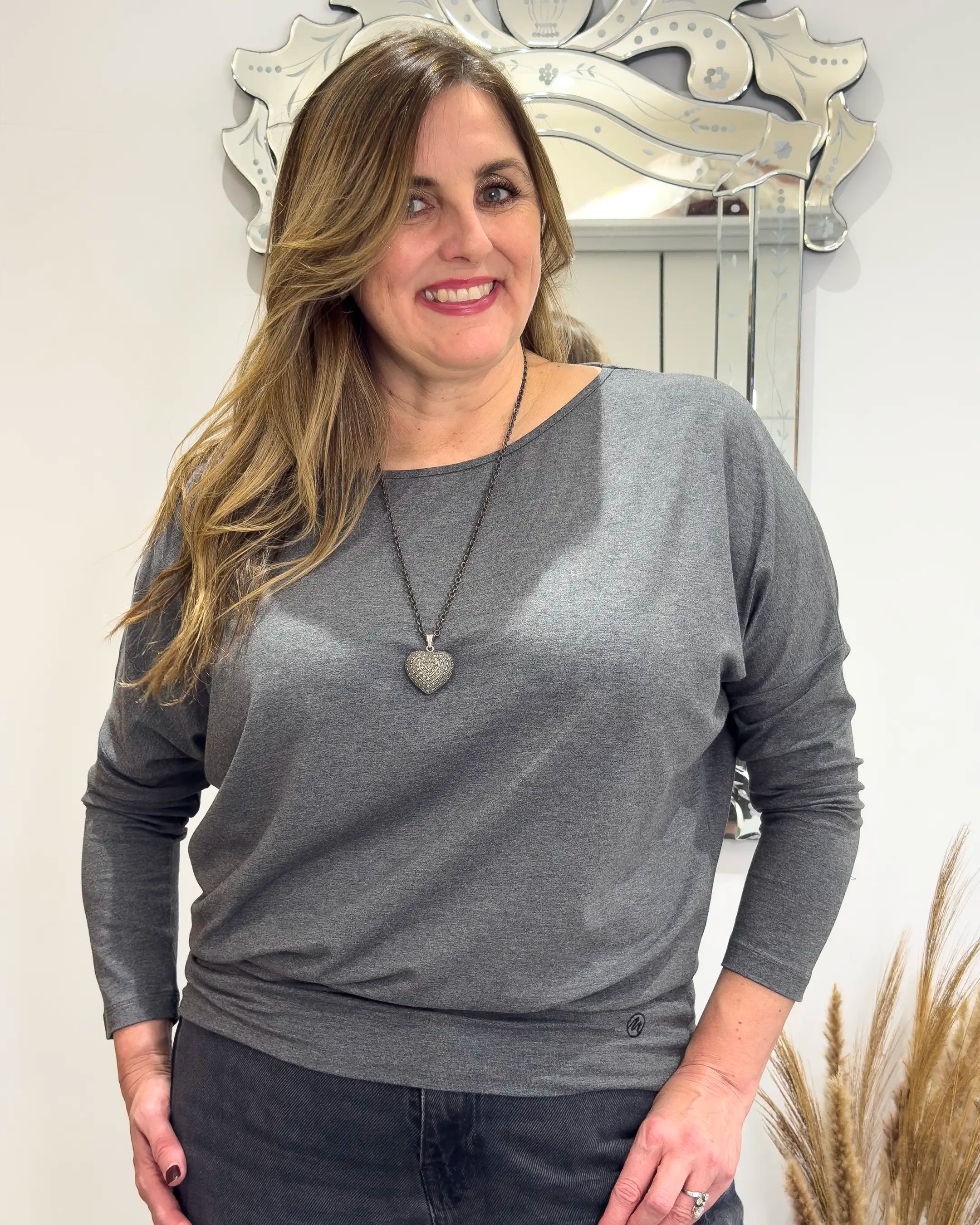 Aimee Marl Relaxed Batwing Top - Mid Grey Marl