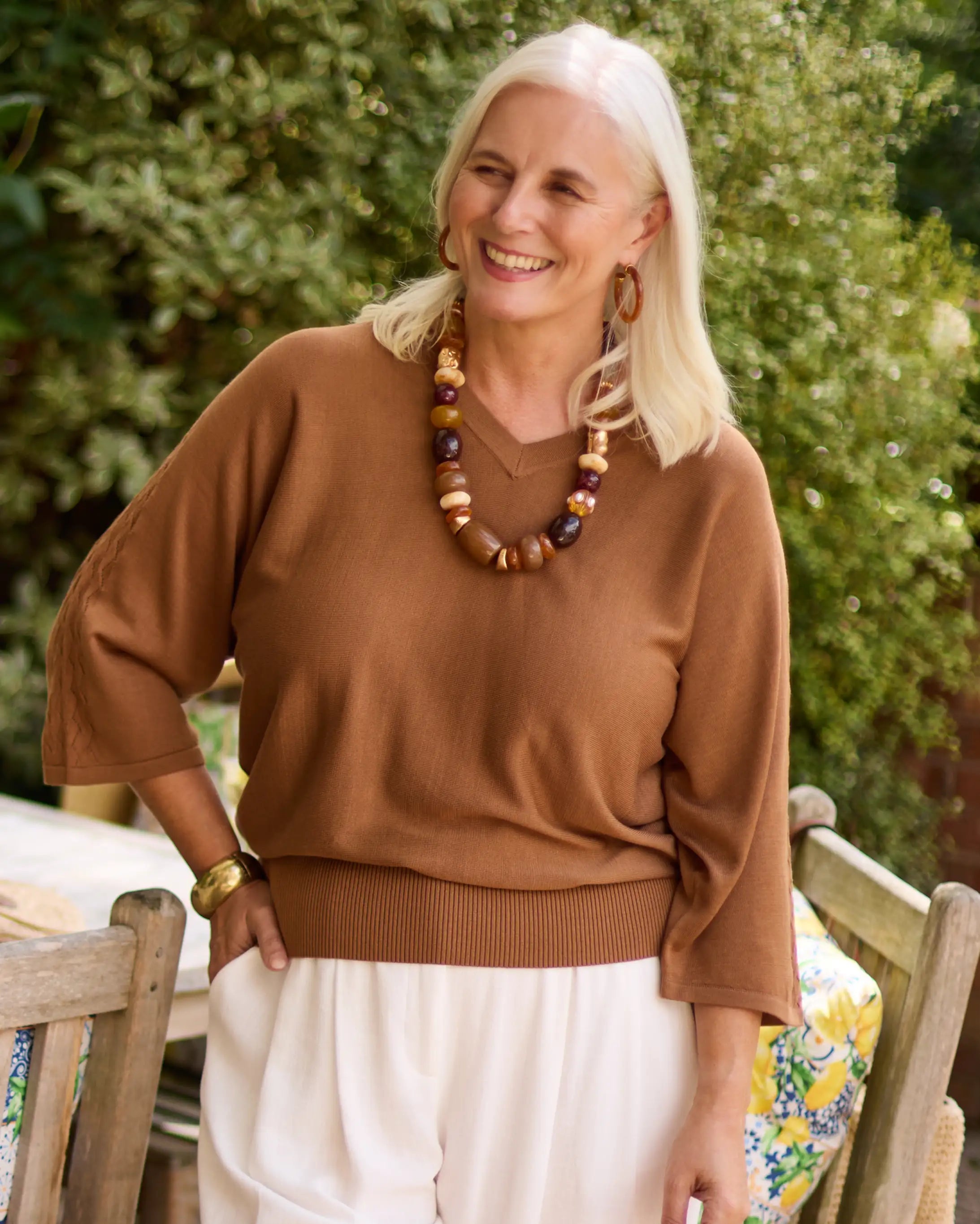 Harper Fine Knit Tencel V-neck Top - Bronze