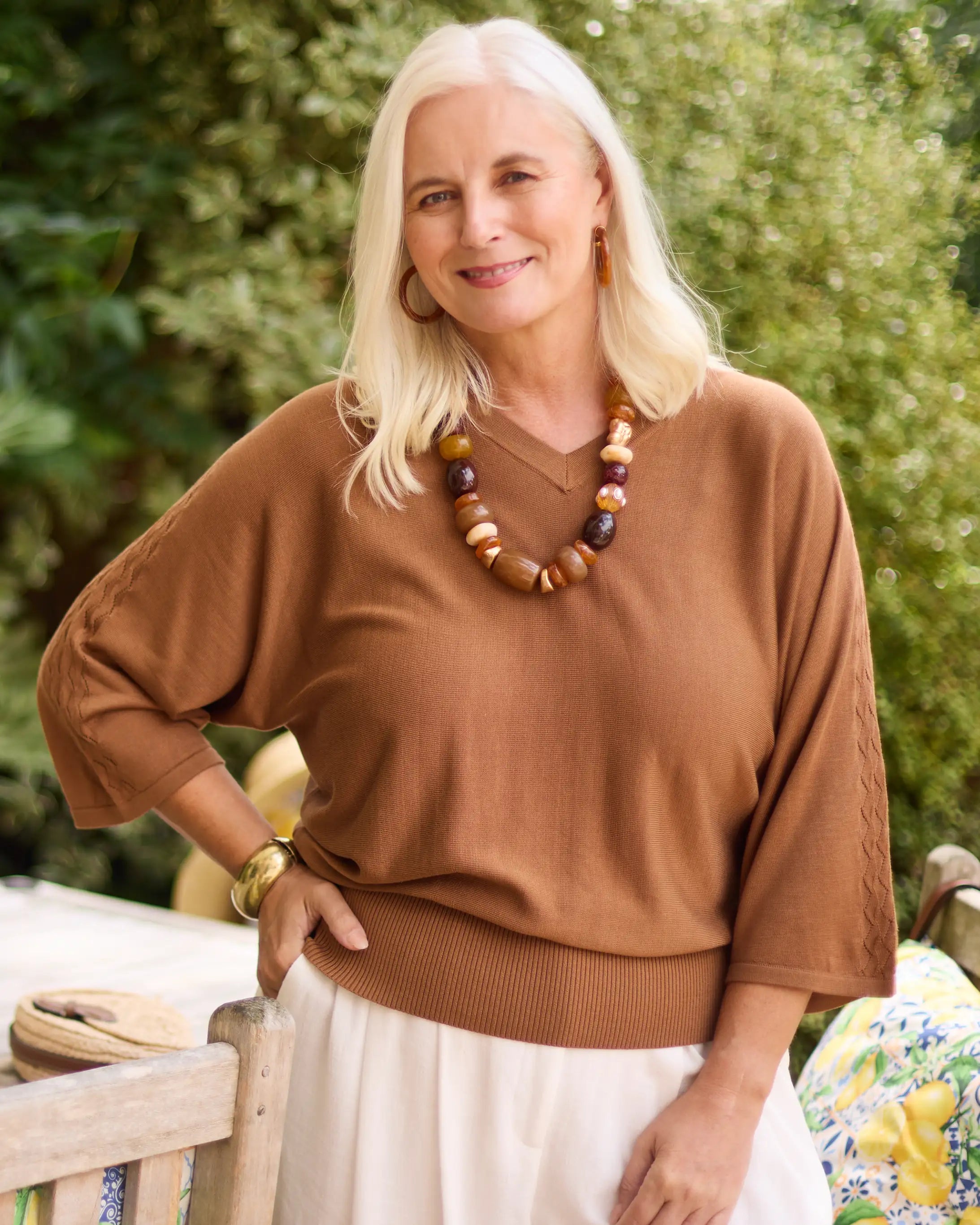Harper Fine Knit Tencel V-neck Top - Bronze