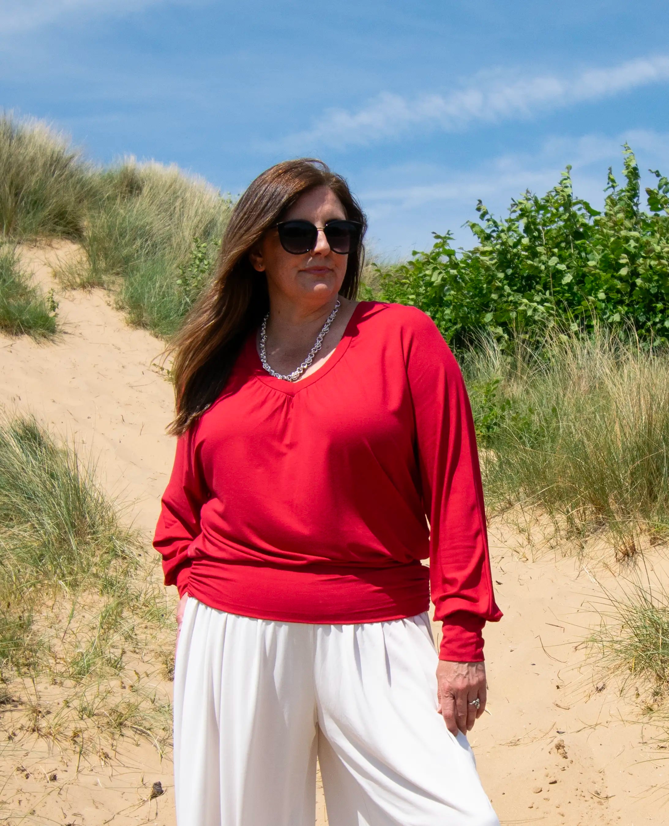 Vivienne Ruched Batwing V Neck - Lipstick Red