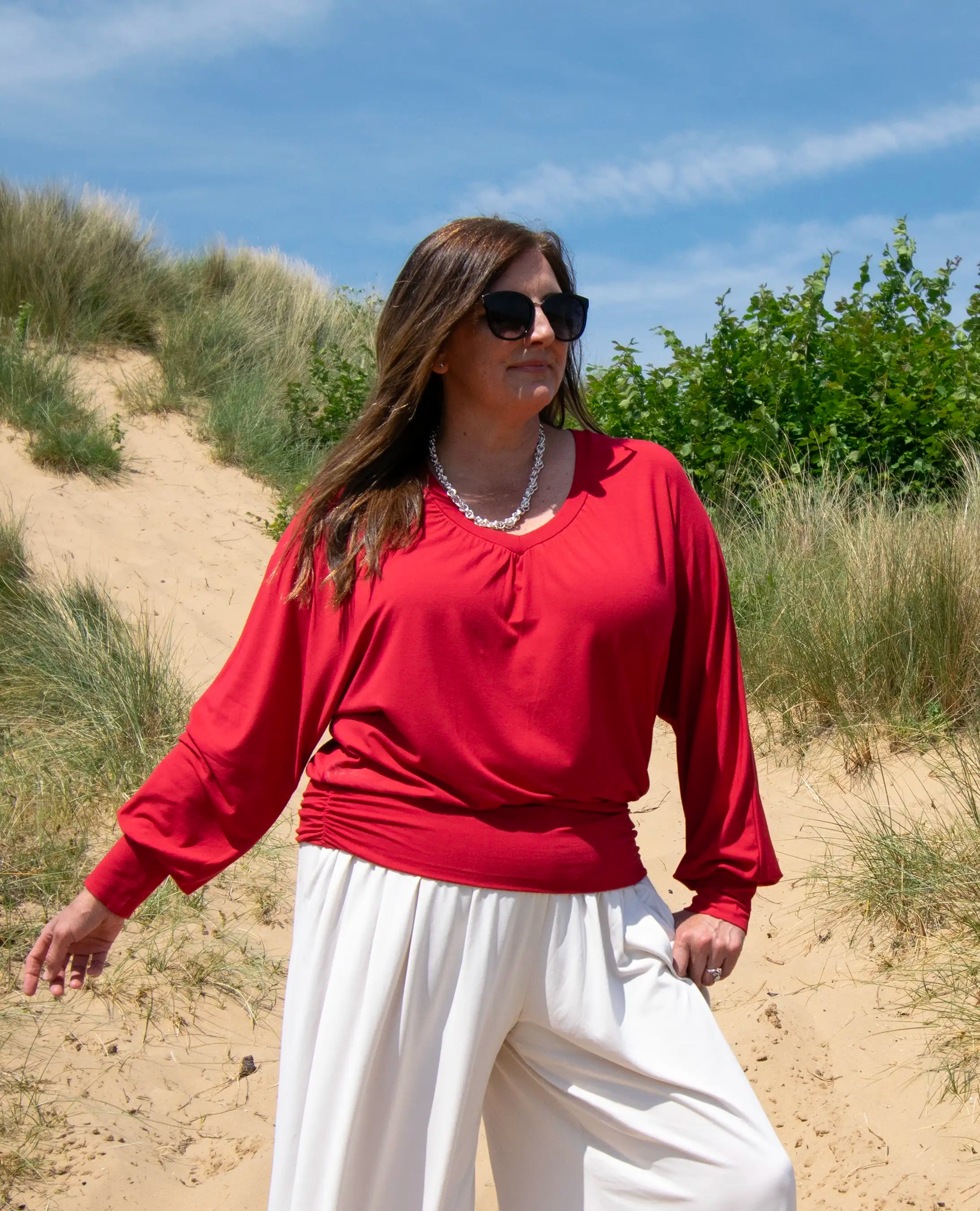 Vivienne Ruched Batwing V Neck - Lipstick Red
