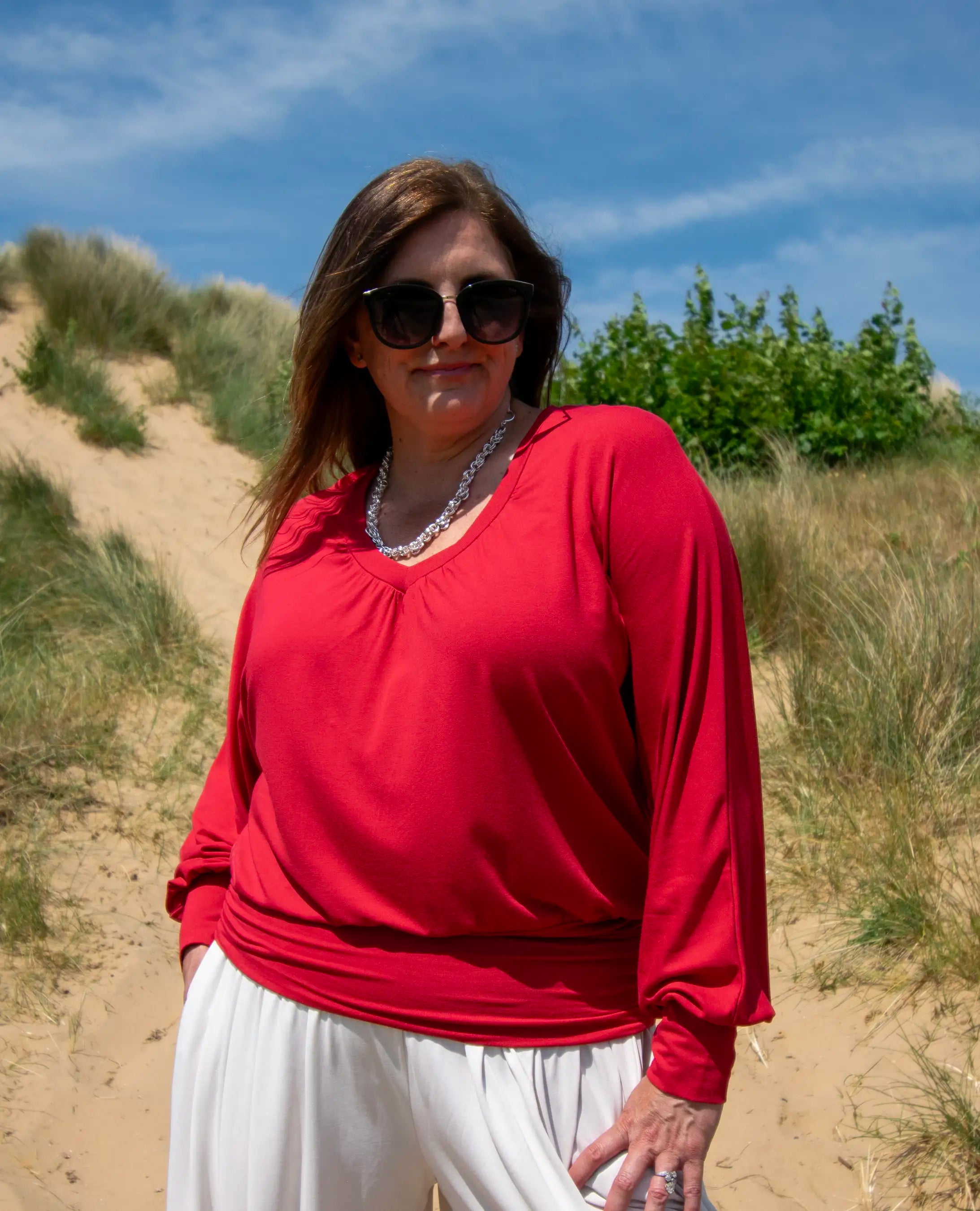 Vivienne Ruched Batwing V Neck - Lipstick Red