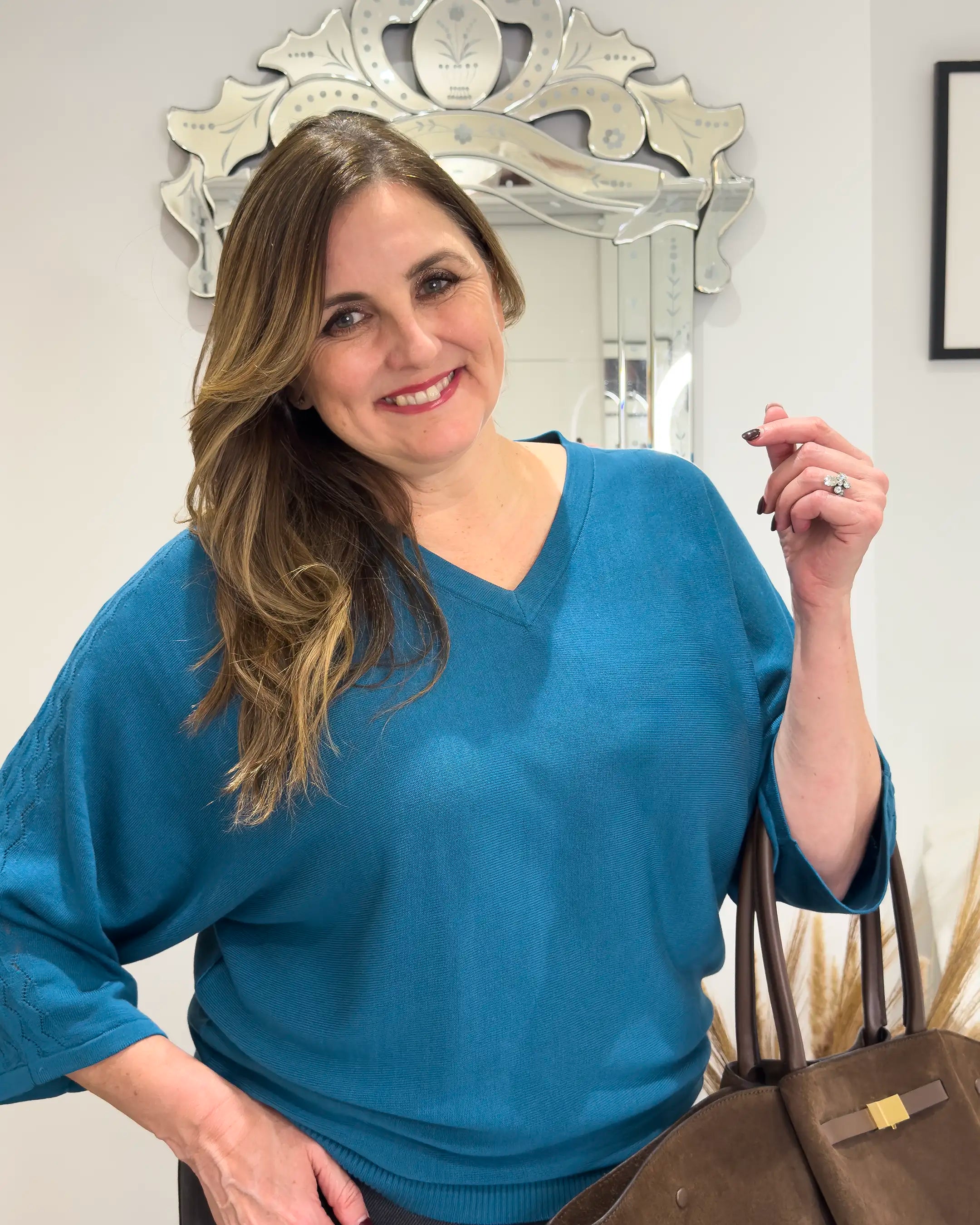 Harper Fine Knit V-neck Top - Teal