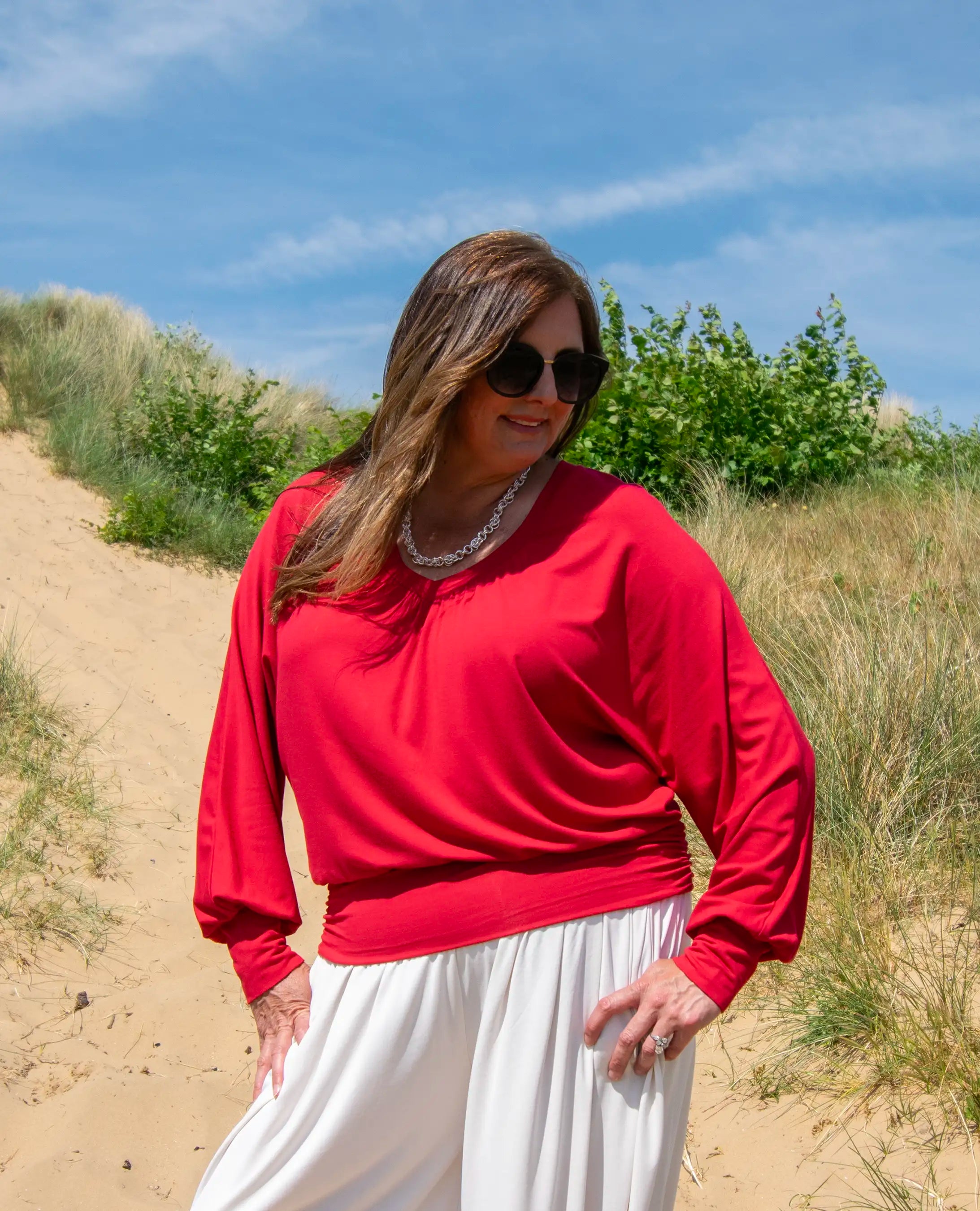 Vivienne Ruched Batwing V Neck - Lipstick Red