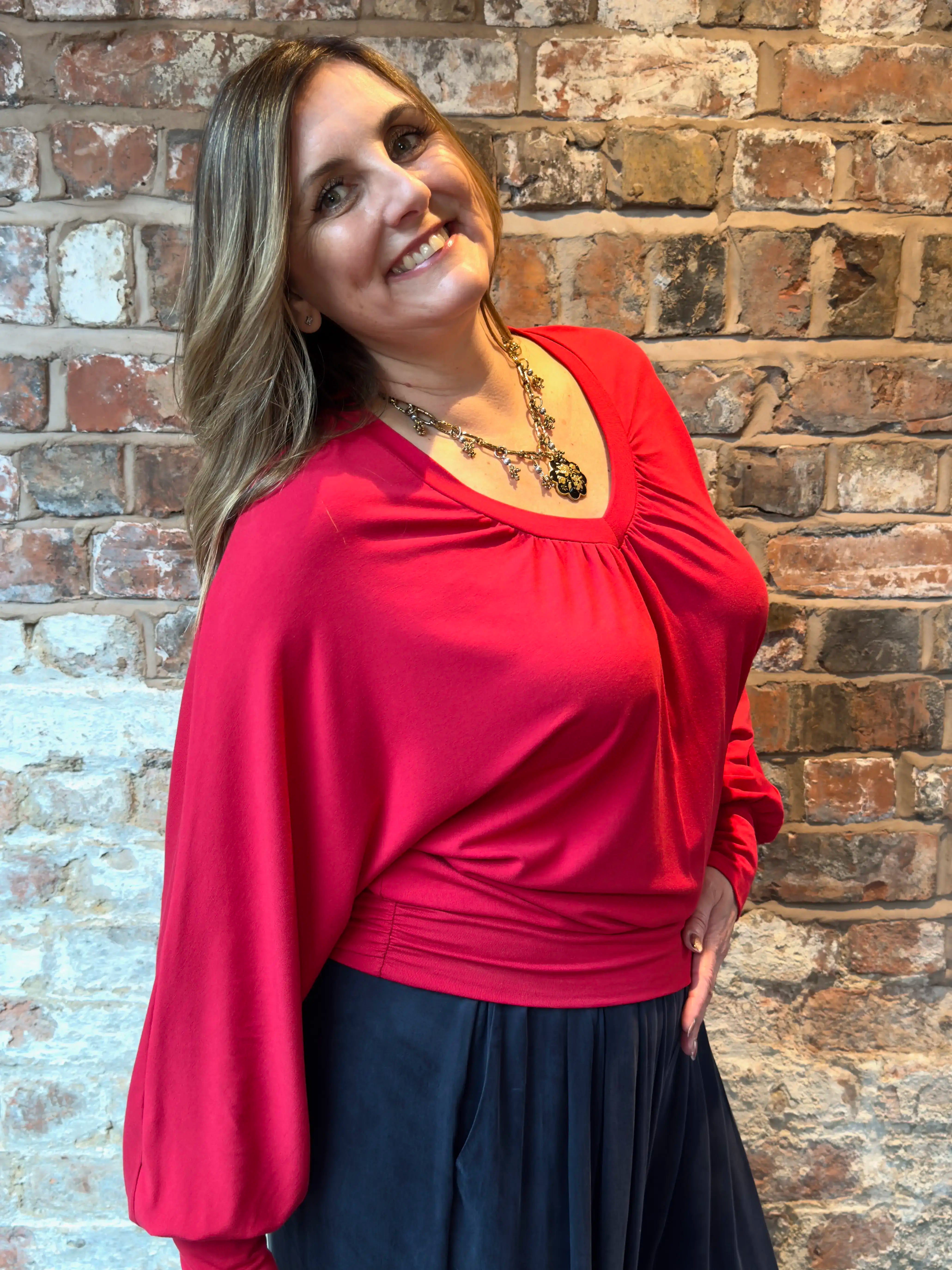 Vivienne Ruched Batwing V Neck - Lipstick Red