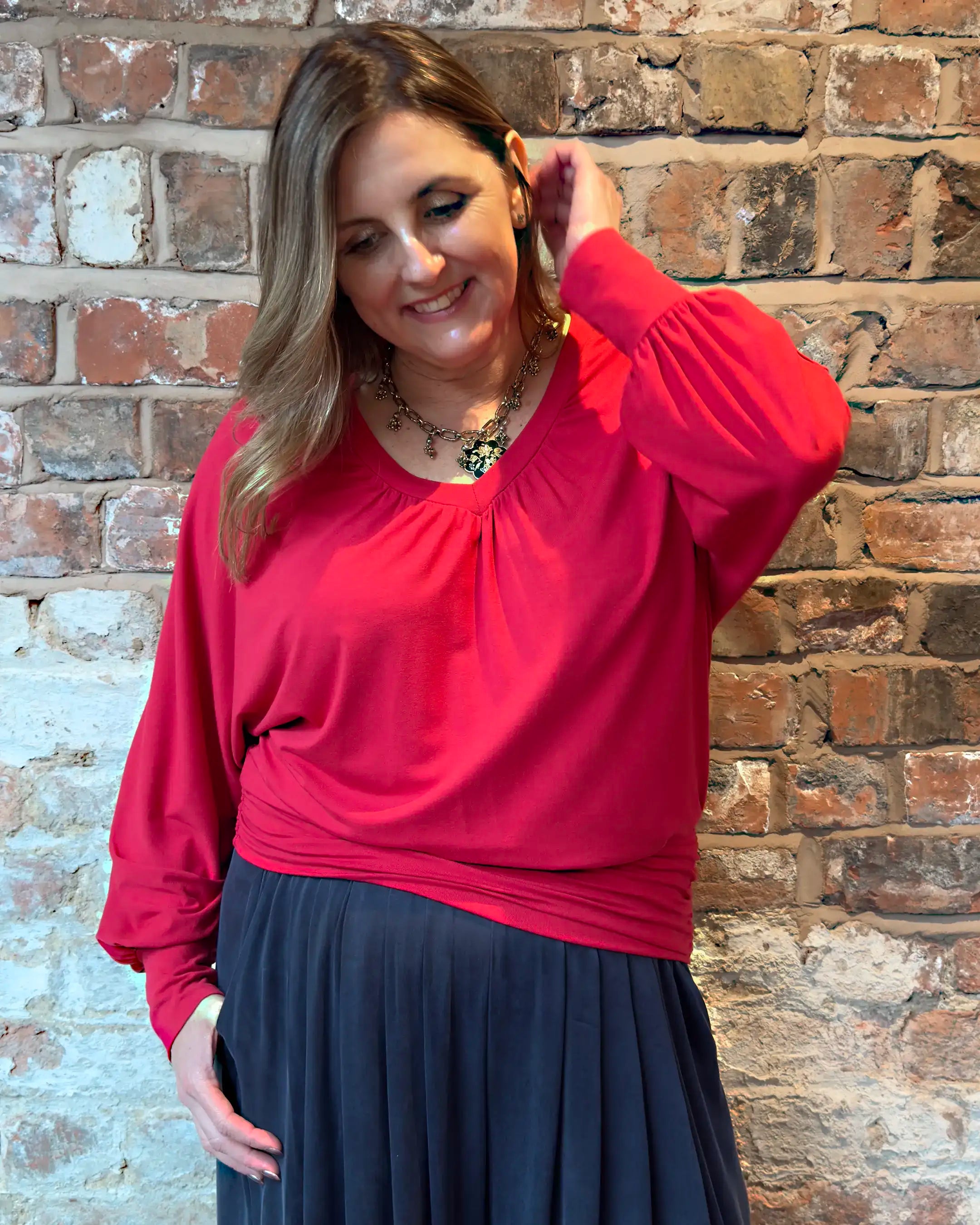 Vivienne Ruched Batwing V Neck - Lipstick Red