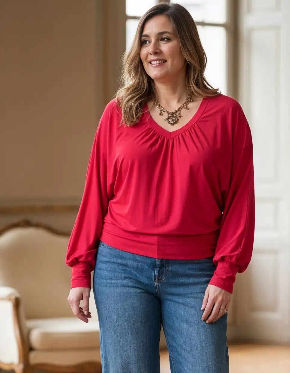 Vivienne Ruched Batwing V Neck - Lipstick Red